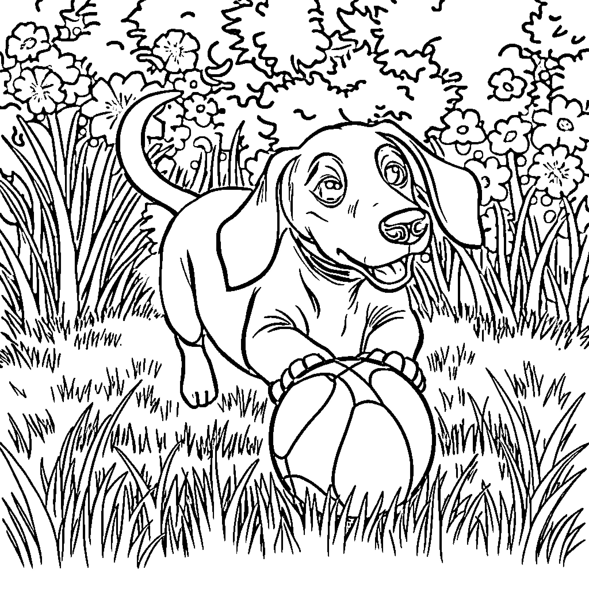Dachshund Enjoying Playful Romp in Lush Floral Landscape Coloring Page (free black-and-white line drawing printable PDF for all, from beginners to advanced learners, including children, teens, adults, and seniors)