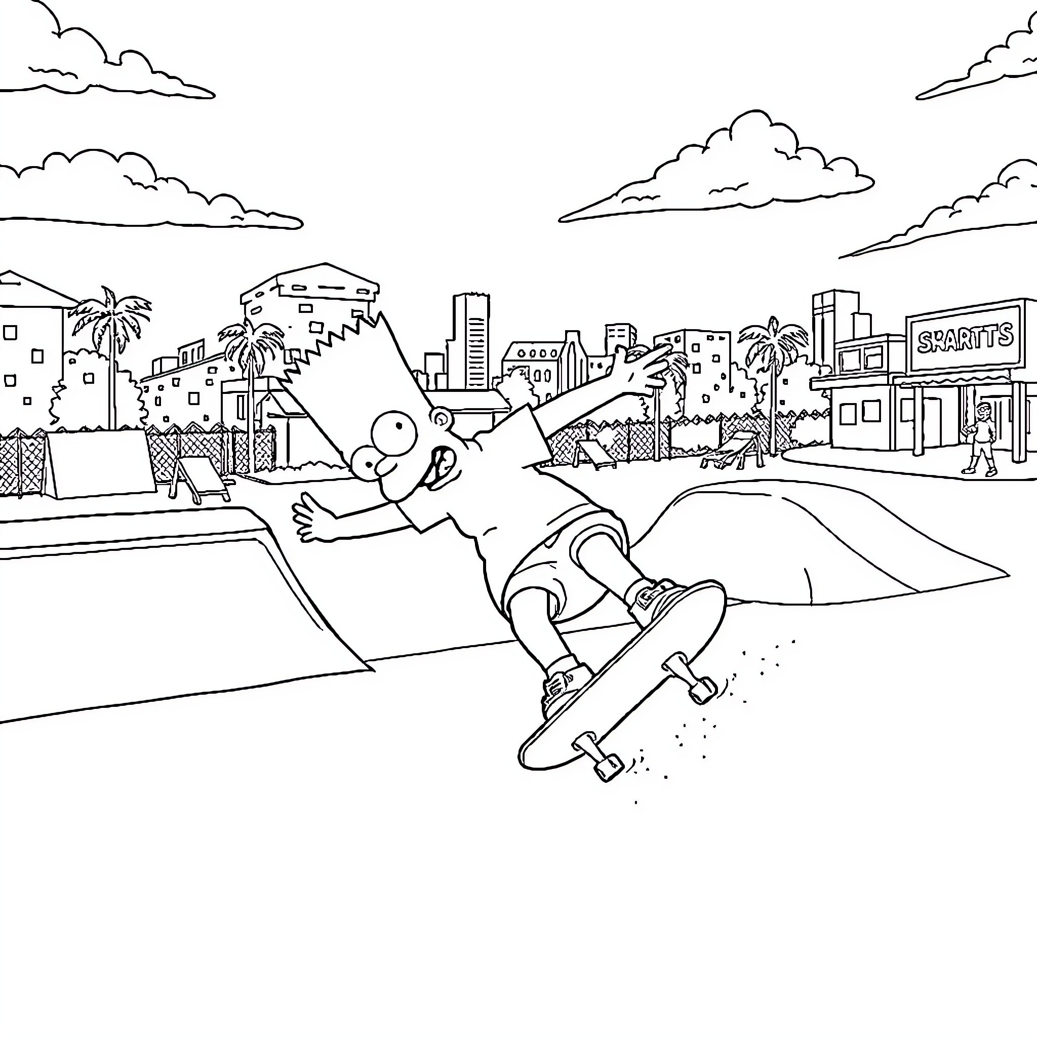 Bart Simpson skateboarding in the city Coloring Page (free black-and-white line drawing printable PDF for all, from beginners to advanced learners, including children, teens, adults, and seniors)