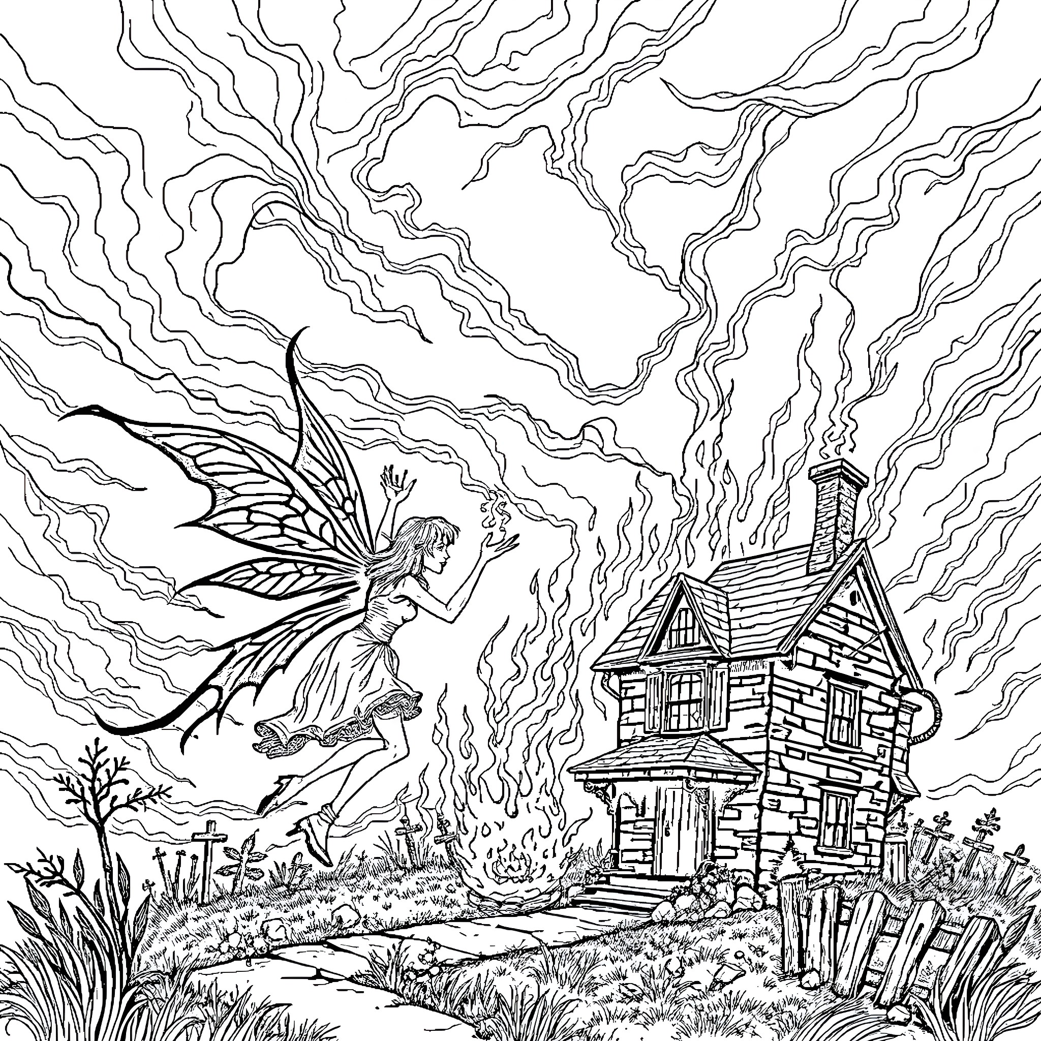 Fairy exploring a mysterious cottage in the woods Coloring Page (free black-and-white line drawing printable PDF for all, from beginners to advanced learners, including children, teens, adults, and seniors)