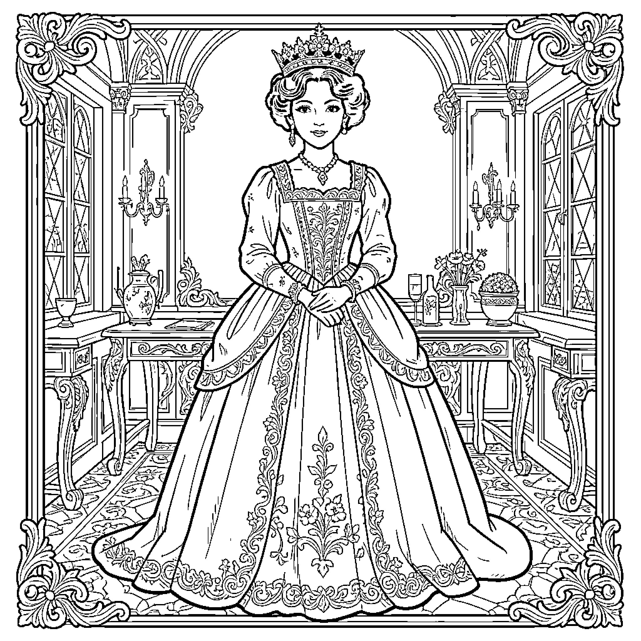 Jessica in a Regal Victorian Dress and Crown Coloring Page (free black-and-white line drawing printable PDF for all, from beginners to advanced learners, including children, teens, adults, and seniors)