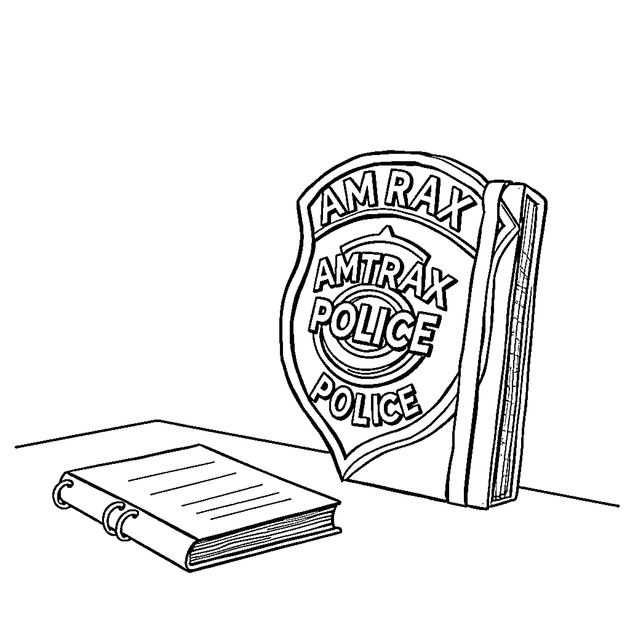 Badge with Police Insignia and Open Law Book Coloring Page (free black-and-white line drawing printable PDF for all, from beginners to advanced learners, including children, teens, adults, and seniors)
