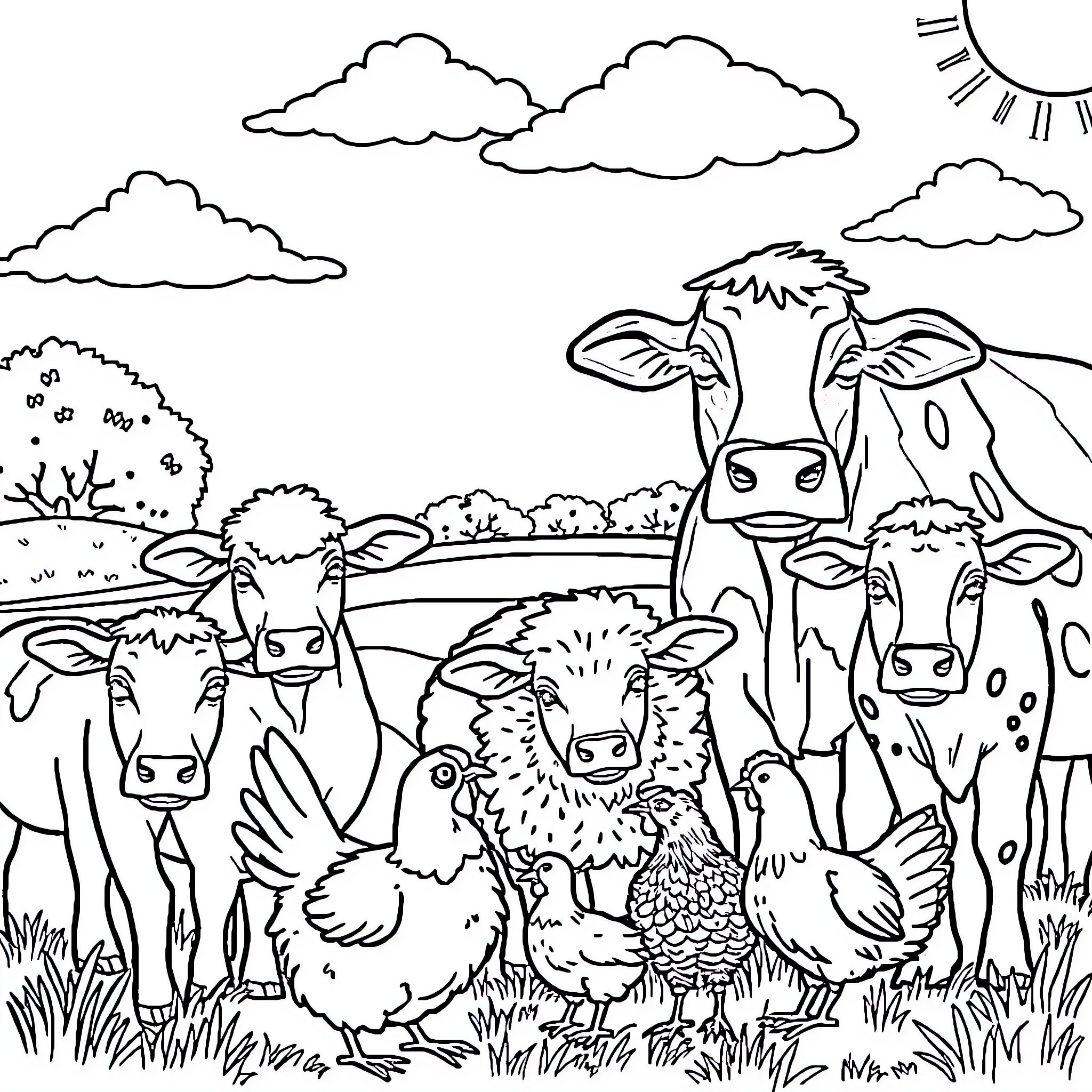 Animal farm with cows and chickens in a rural scene Coloring Page (free black-and-white line drawing printable PDF for all, from beginners to advanced learners, including children, teens, adults, and seniors)