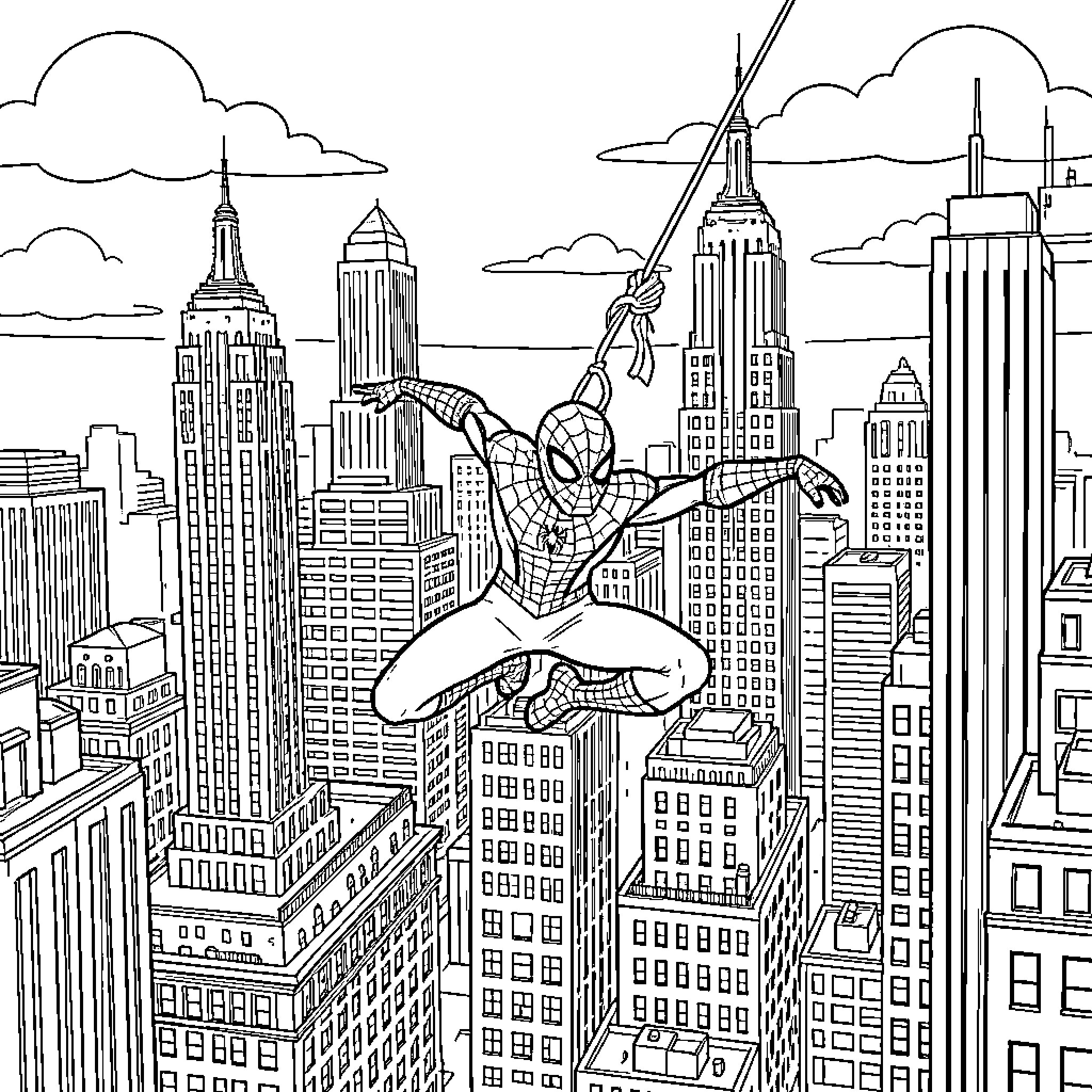 Spider-Man swinging through the city skyline Coloring Page (free black-and-white line drawing printable PDF for all, from beginners to advanced learners, including children, teens, adults, and seniors)