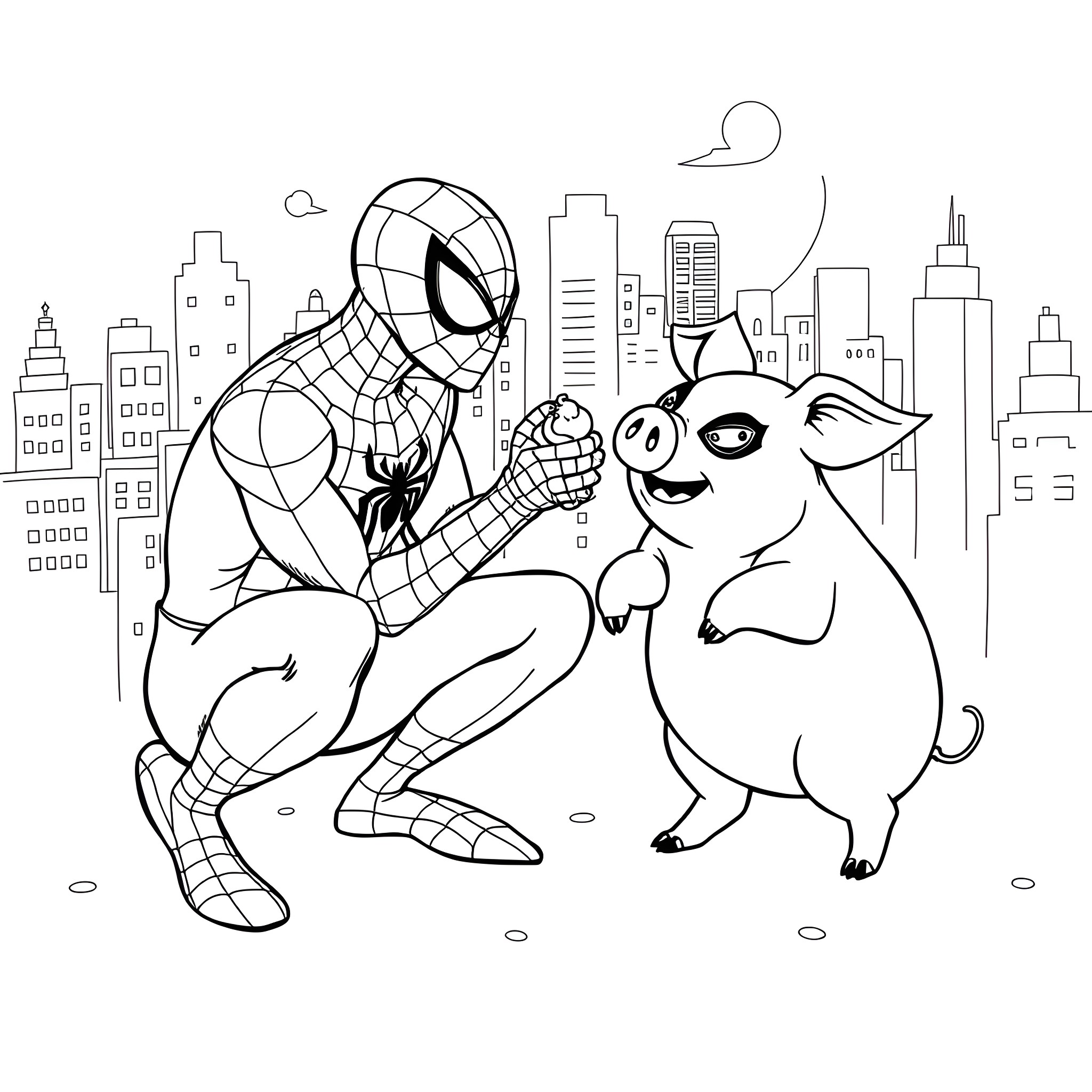 Spider-Man playing with a cute pet in the city Coloring Page (free black-and-white line drawing printable PDF for all, from beginners to advanced learners, including children, teens, adults, and seniors)