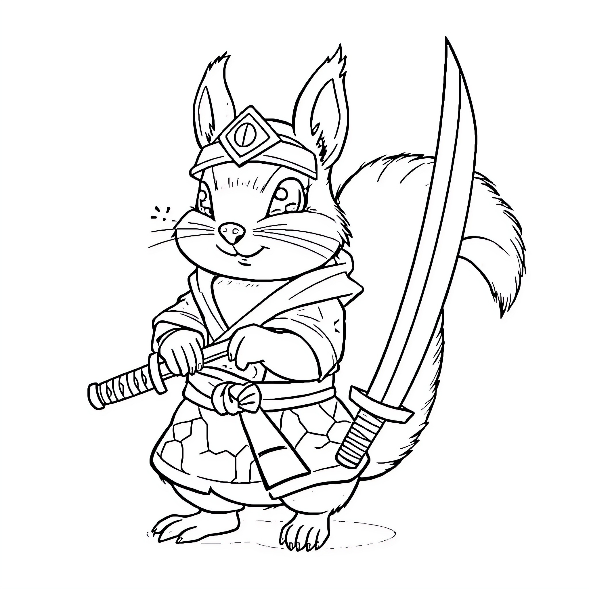 Squirrel warrior wielding a sword and shield Coloring Page (free black-and-white line drawing printable PDF for all, from beginners to advanced learners, including children, teens, adults, and seniors)