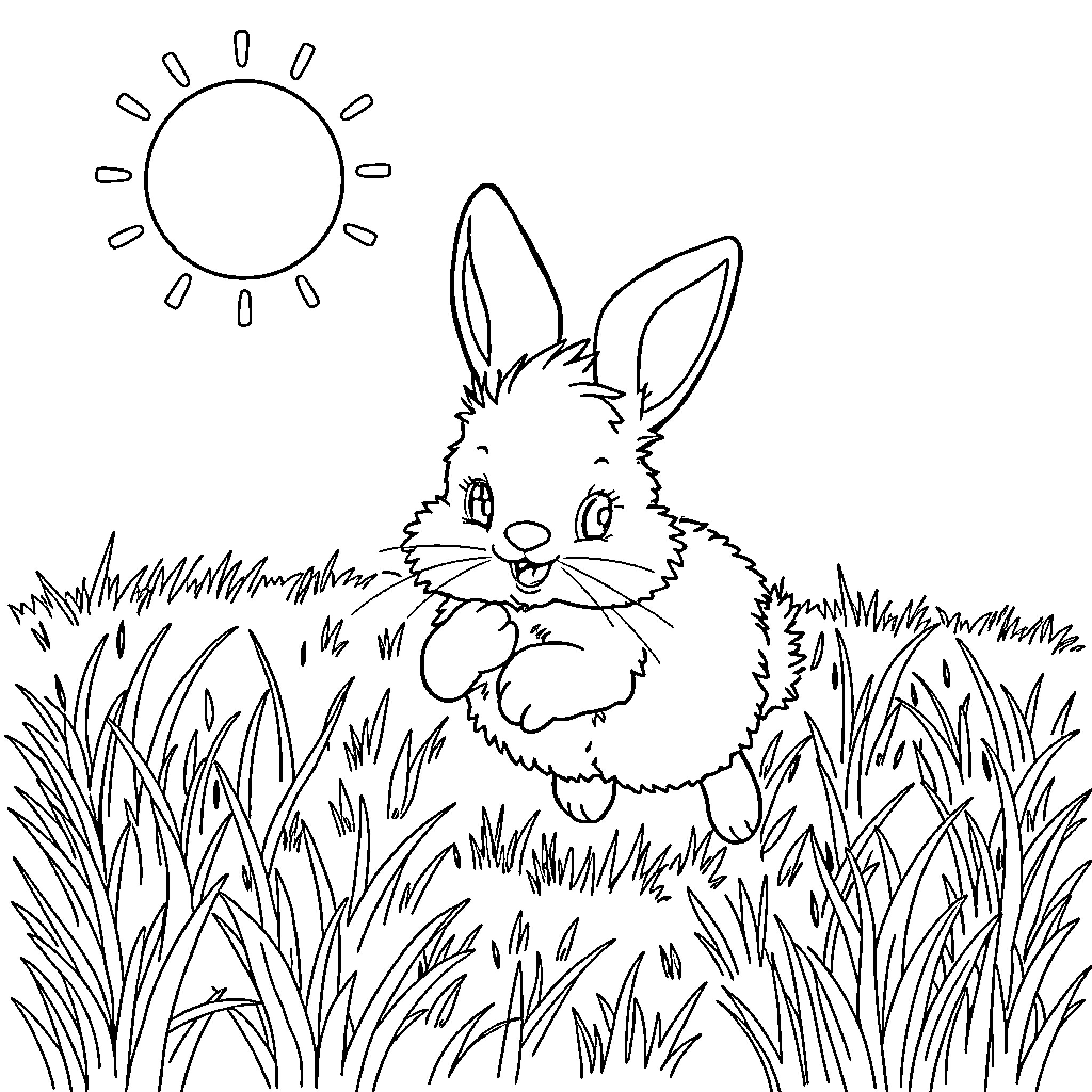 Bunny enjoying the sunny day in the grassy field Coloring Page (free black-and-white line drawing printable PDF for all, from beginners to advanced learners, including children, teens, adults, and seniors)
