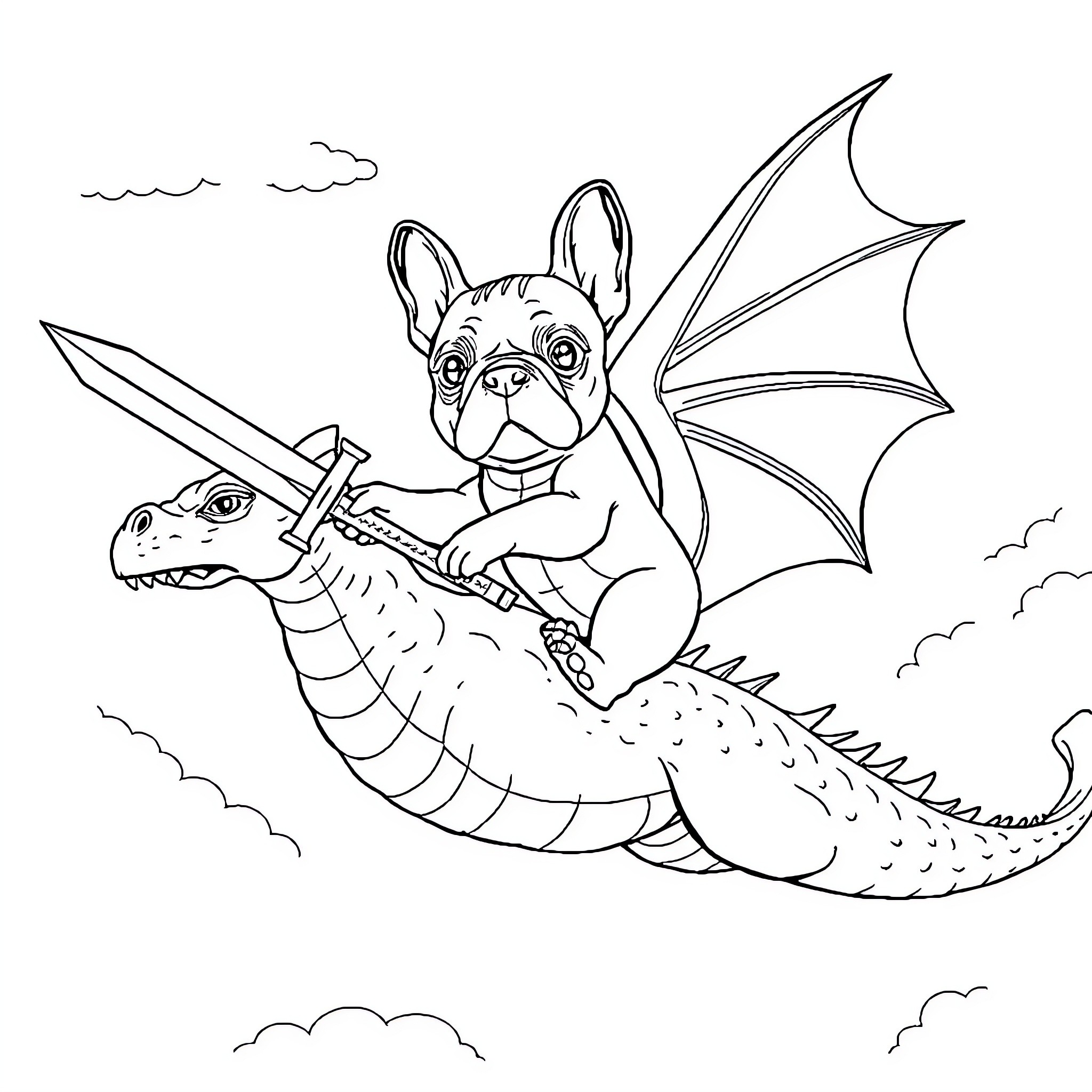 French Bulldog riding a dragon in the sky Coloring Page (free black-and-white line drawing printable PDF for all, from beginners to advanced learners, including children, teens, adults, and seniors)