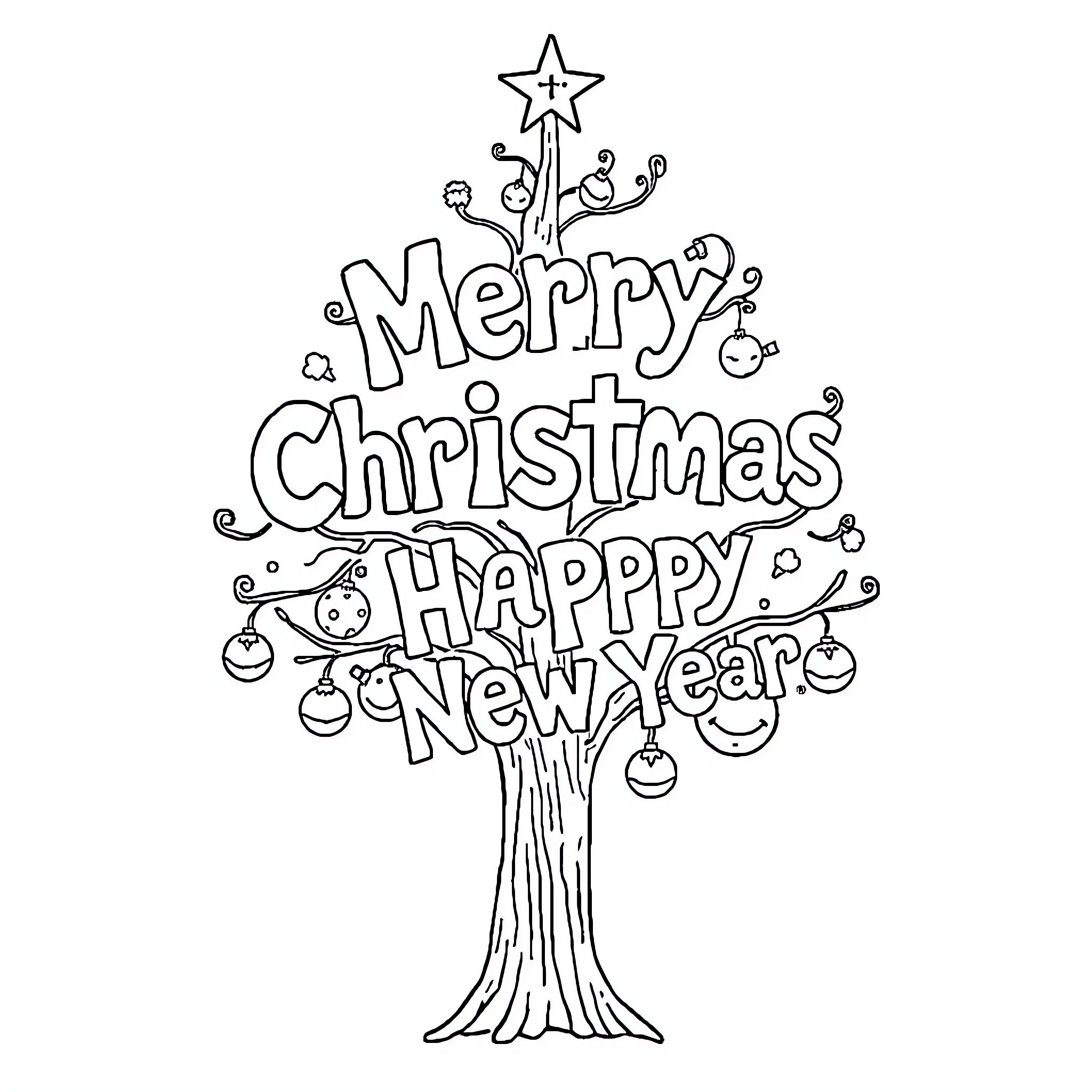 Tree with festive holiday text Coloring Page (free black-and-white line drawing printable PDF for all, from beginners to advanced learners, including children, teens, adults, and seniors)