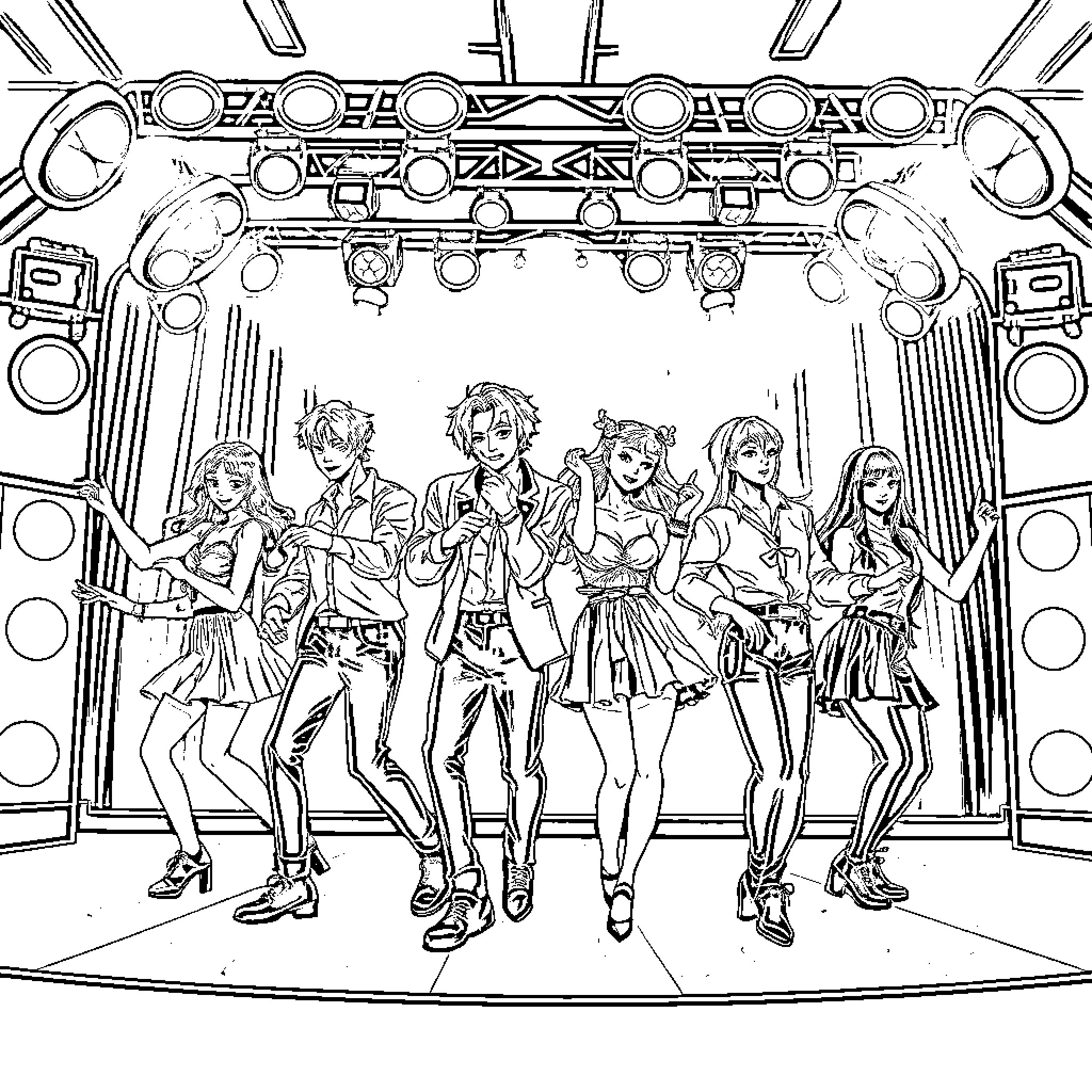 K Pop Performers Showcasing Lively Choreography and Stylish Outfits Coloring Page (free black-and-white line drawing printable PDF for all, from beginners to advanced learners, including children, teens, adults, and seniors)