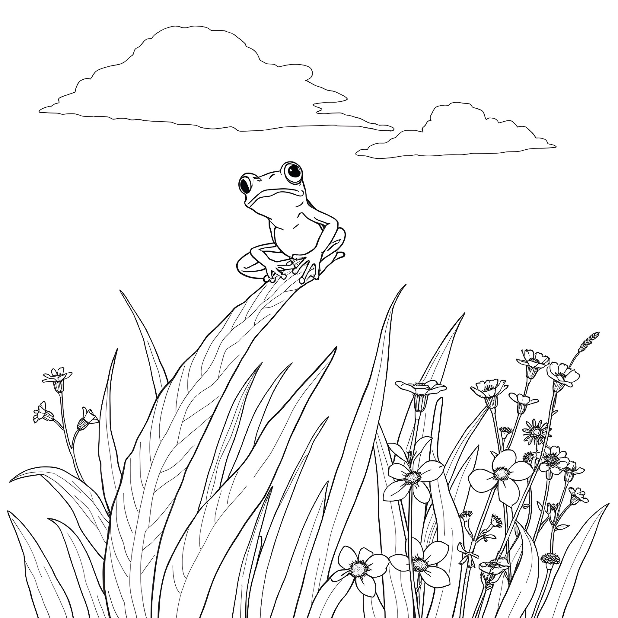 Tree Frog resting on a branch in a flowery meadow Coloring Page (free black-and-white line drawing printable PDF for all, from beginners to advanced learners, including children, teens, adults, and seniors)