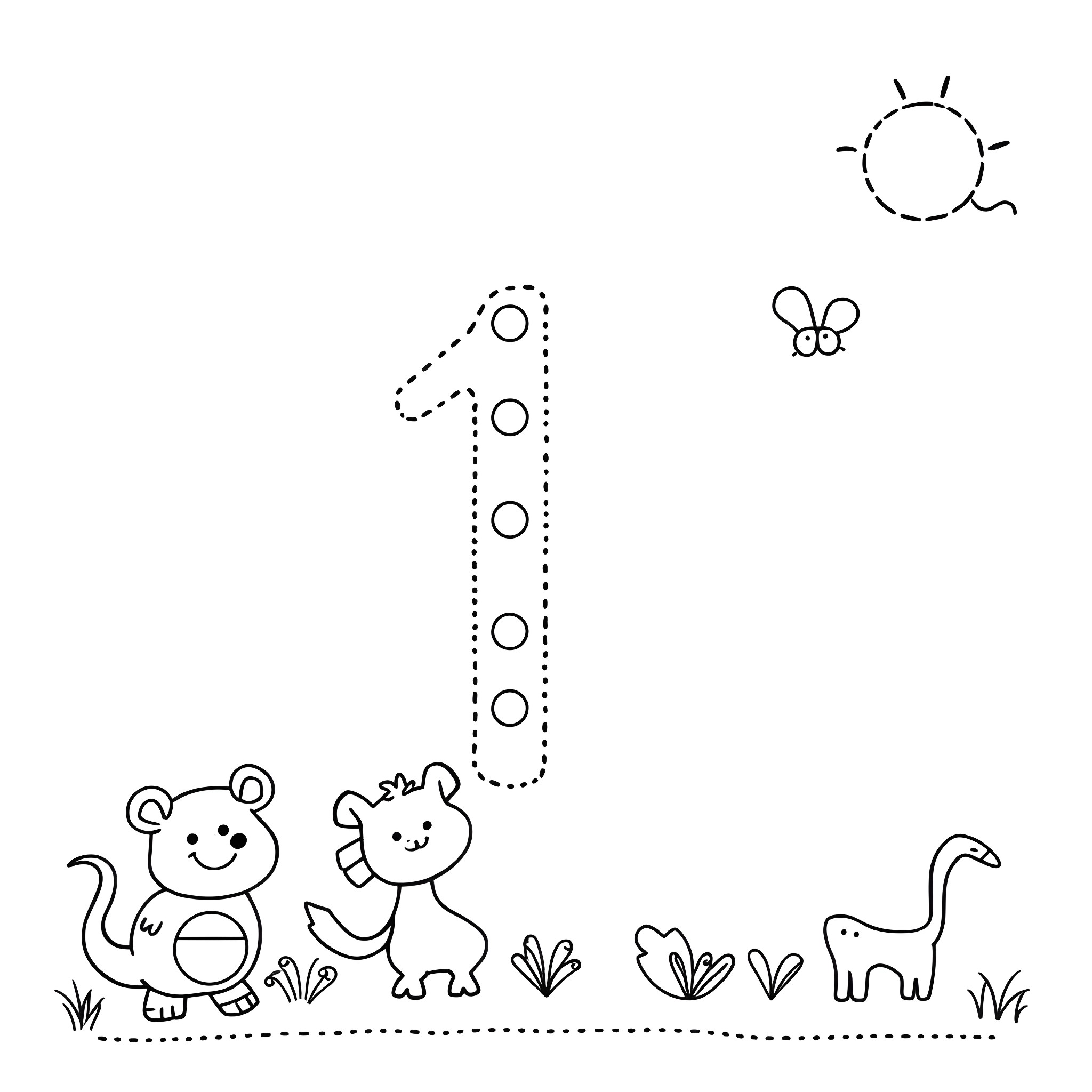 Number Animals playing in the field Coloring Page (free black-and-white line drawing printable PDF for all, from beginners to advanced learners, including children, teens, adults, and seniors)