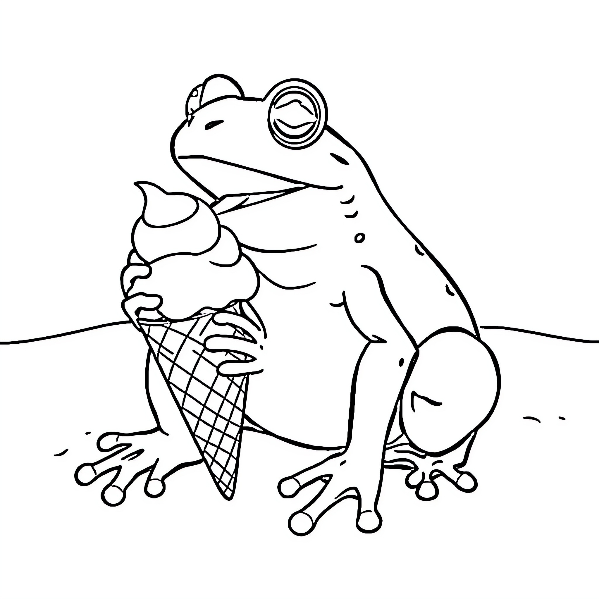 Coqui frog enjoying an ice cream treat Coloring Page (free black-and-white line drawing printable PDF for all, from beginners to advanced learners, including children, teens, adults, and seniors)