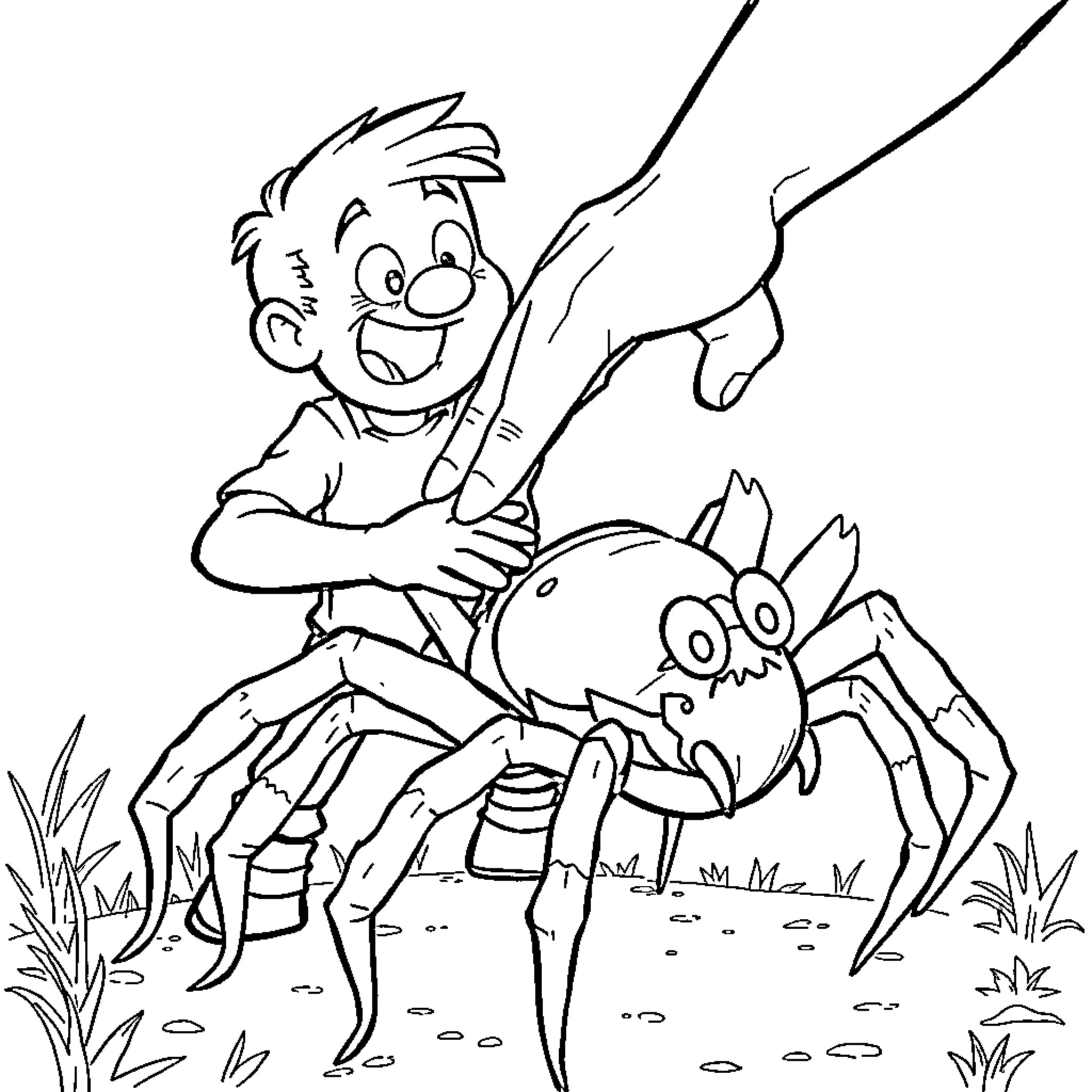 Spider Enthusiast Interacting with Friendly Arachnid Coloring Page (free black-and-white line drawing printable PDF for all, from beginners to advanced learners, including children, teens, adults, and seniors)