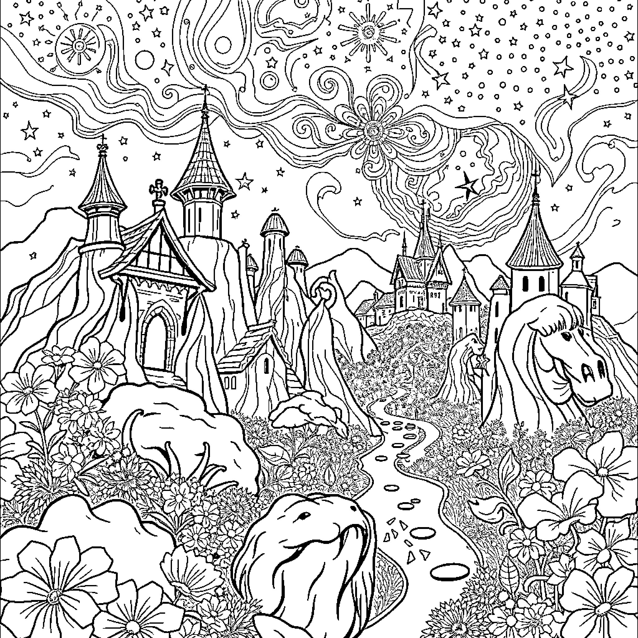 World of Fantastical Architecture and Nature Coloring Page (free black-and-white line drawing printable PDF for all, from beginners to advanced learners, including children, teens, adults, and seniors)