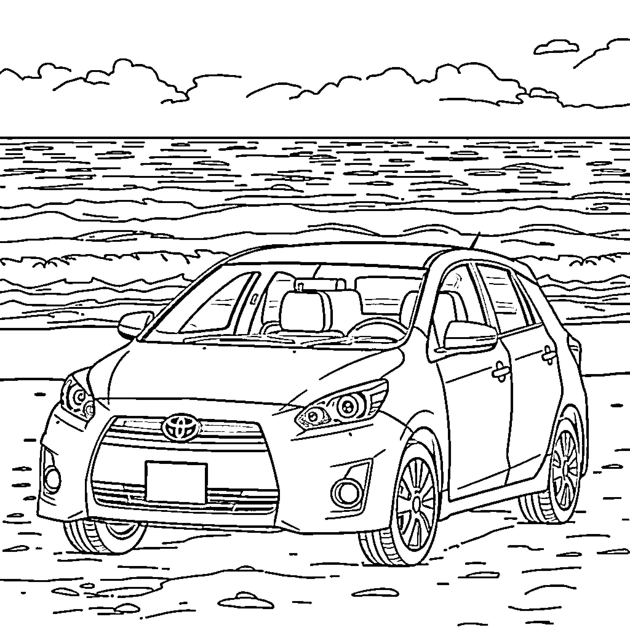 Toyota vehicle parked in scenic ocean landscape Coloring Page (free black-and-white line drawing printable PDF for all, from beginners to advanced learners, including children, teens, adults, and seniors)