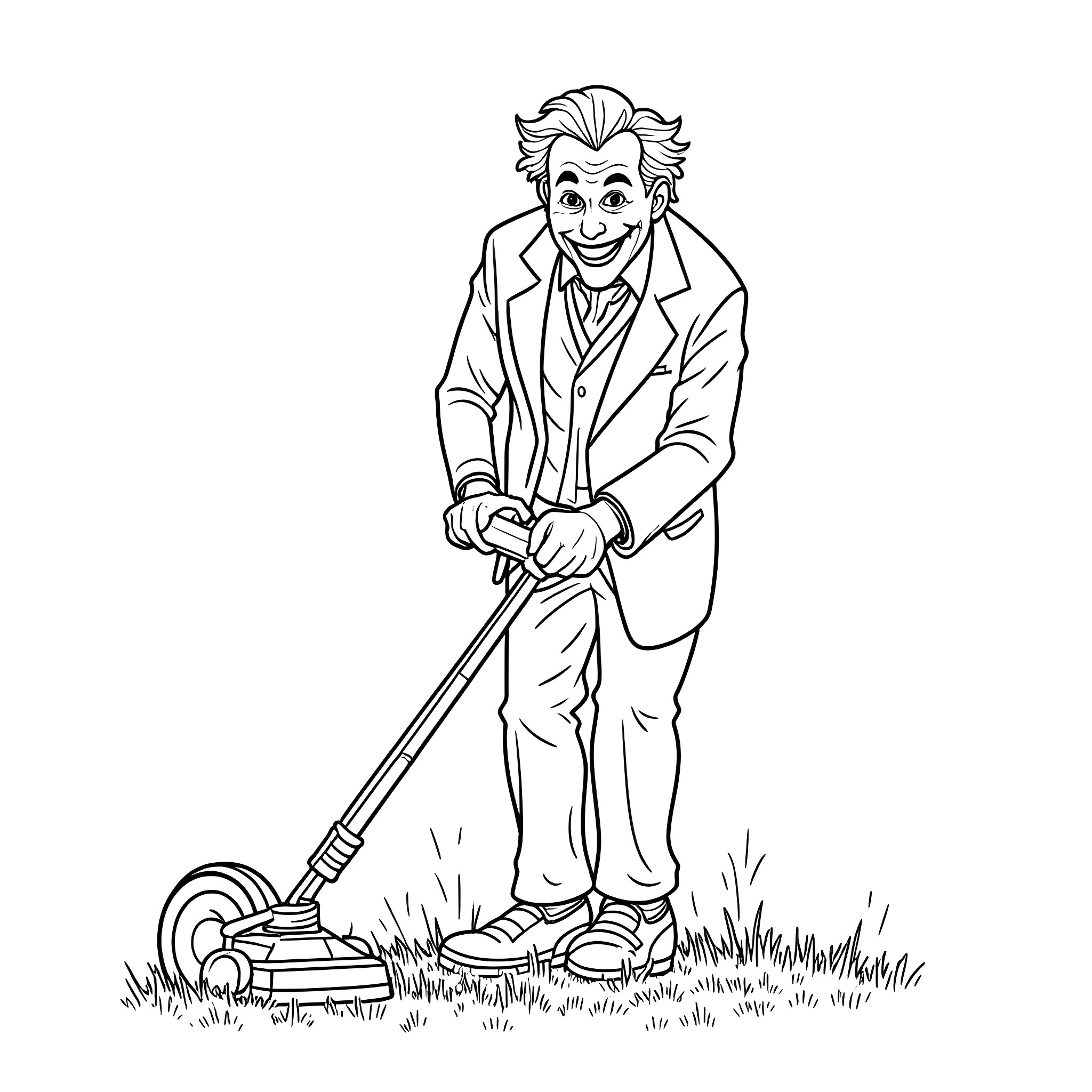 Joker happily mowing the lawn Coloring Page (free black-and-white line drawing printable PDF for all, from beginners to advanced learners, including children, teens, adults, and seniors)