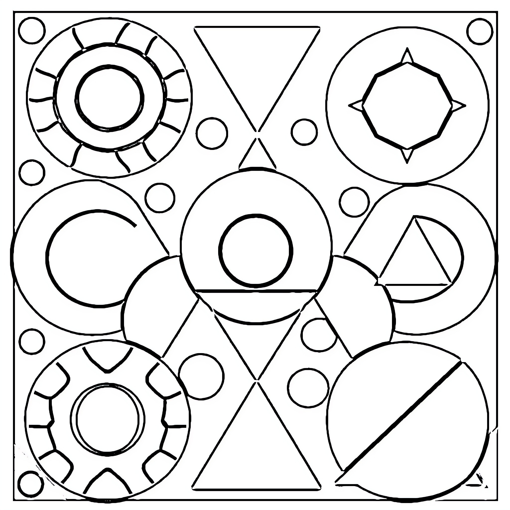 Shape Arrangement of Geometric Patterns Coloring Page (free black-and-white line drawing printable PDF for all, from beginners to advanced learners, including children, teens, adults, and seniors)