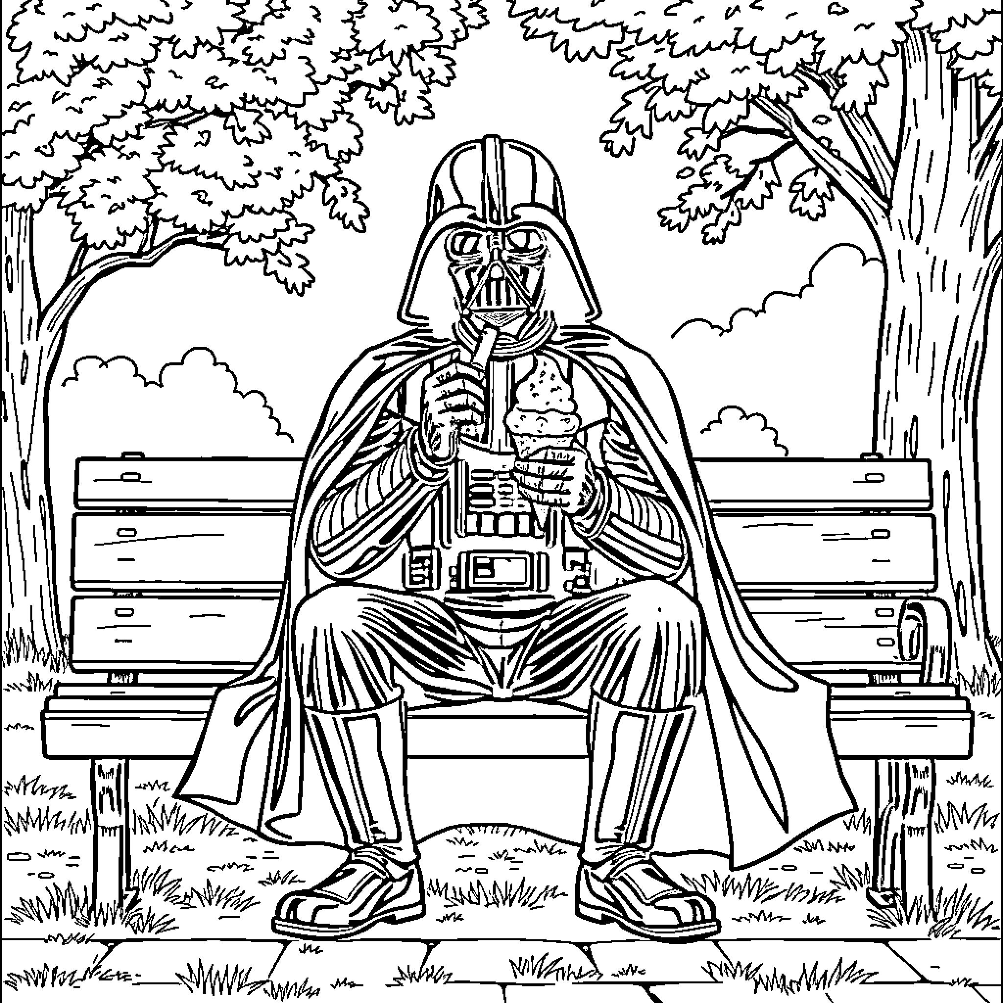 Darth Vader sits alone in contemplation Coloring Page (free black-and-white line drawing printable PDF for all, from beginners to advanced learners, including children, teens, adults, and seniors)