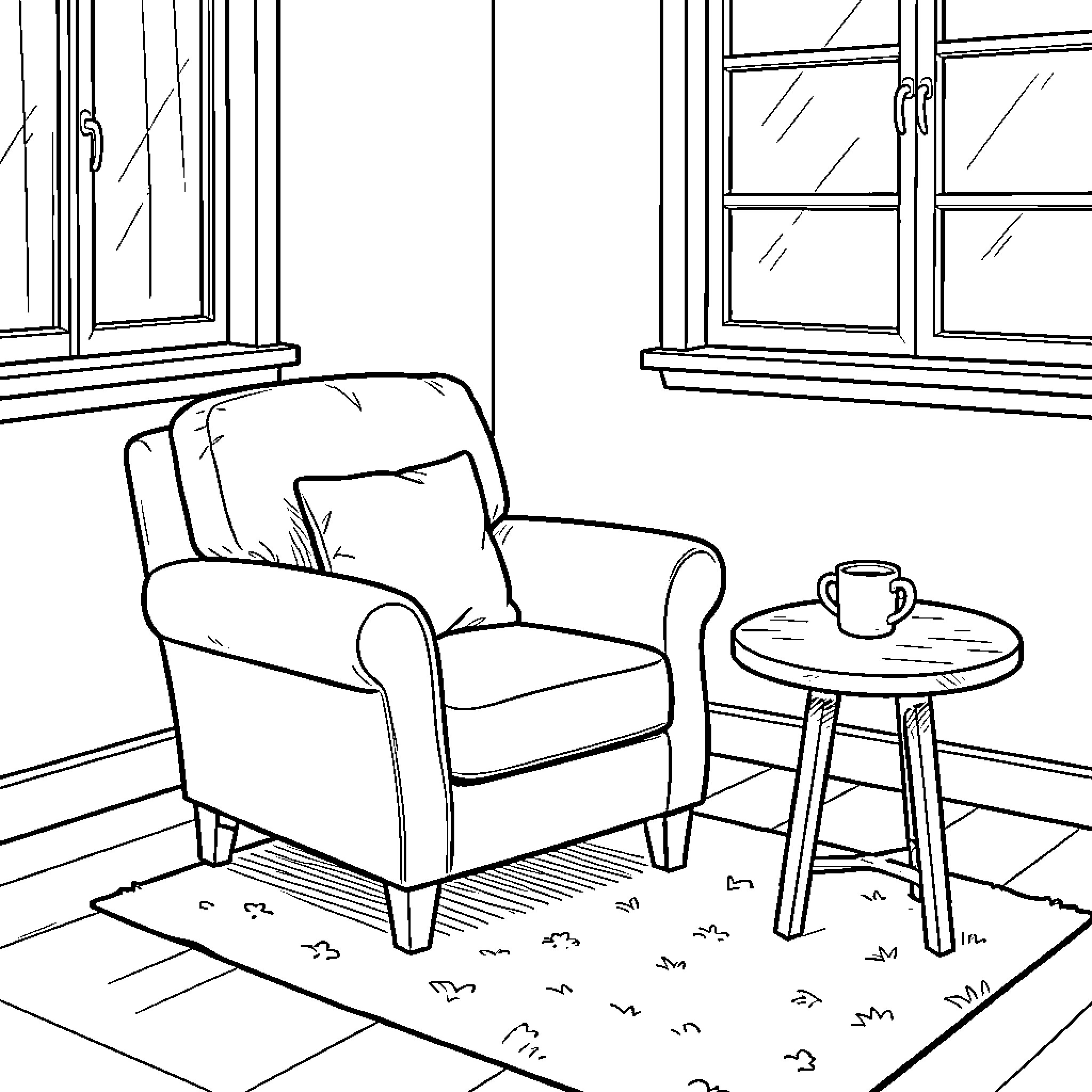 Corner of a cozy room with armchair and table Coloring Page (free black-and-white line drawing printable PDF for all, from beginners to advanced learners, including children, teens, adults, and seniors)