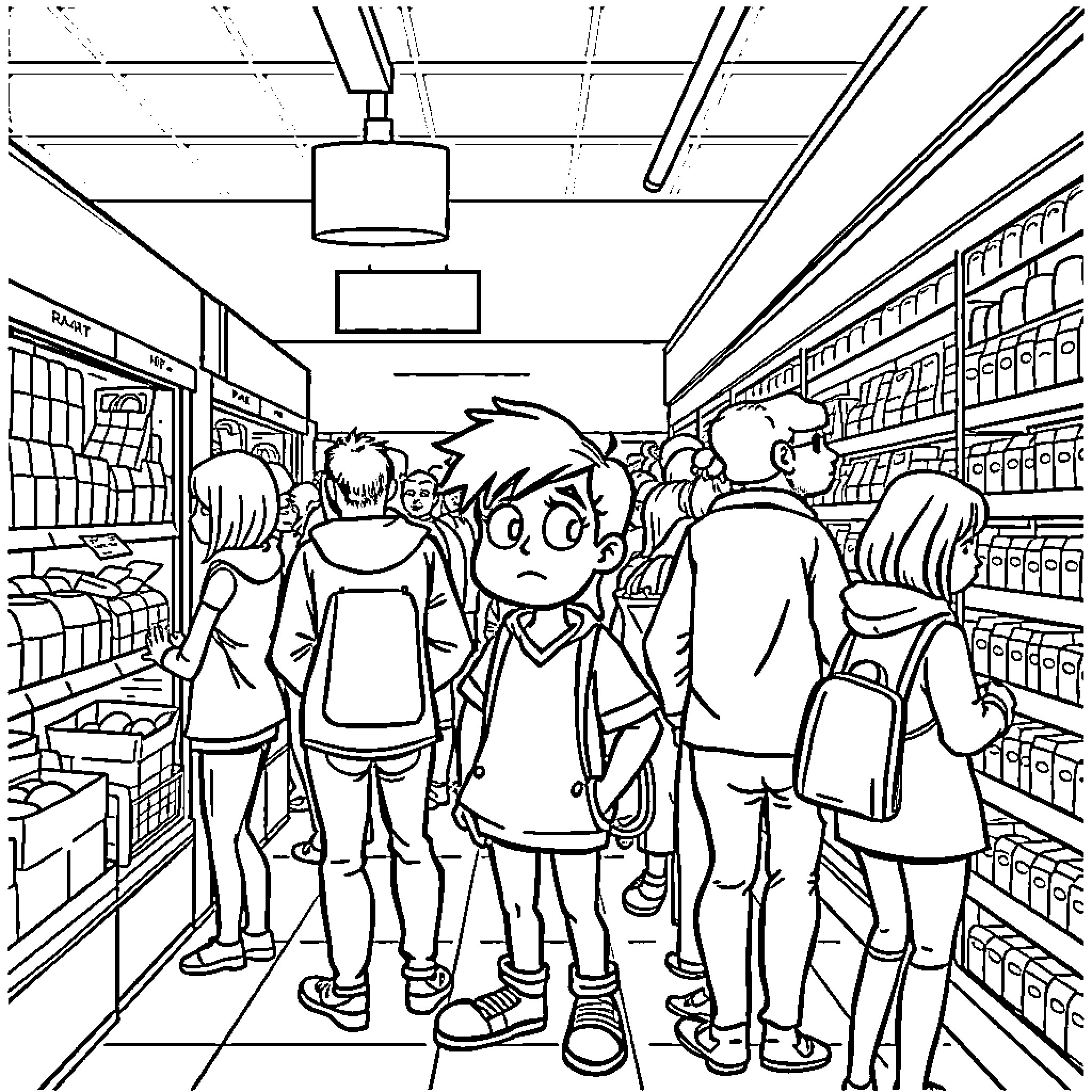 Person shopping in a busy store Coloring Page (free black-and-white line drawing printable PDF for all, from beginners to advanced learners, including children, teens, adults, and seniors)