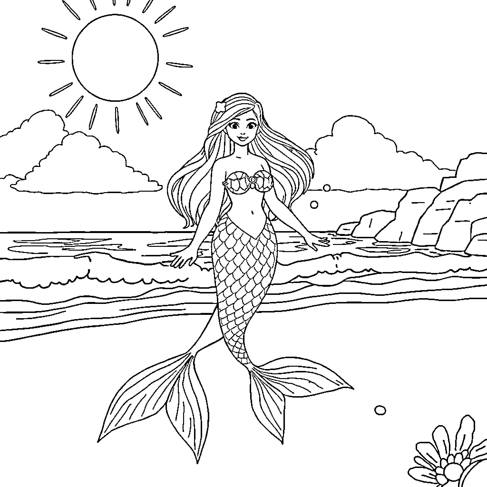 Mermaid Enjoying the Sunny Beach Scene Coloring Page (free black-and-white line drawing printable PDF for all, from beginners to advanced learners, including children, teens, adults, and seniors)
