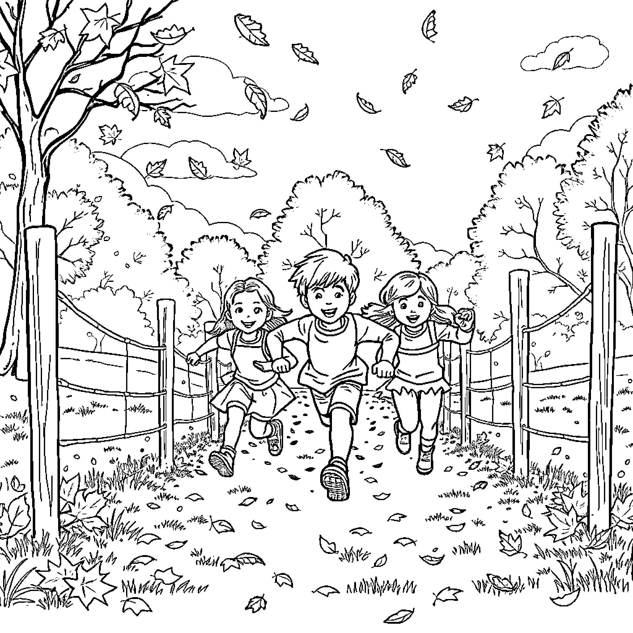 Children playing happily in the autumn forest Coloring Page (free black-and-white line drawing printable PDF for all, from beginners to advanced learners, including children, teens, adults, and seniors)
