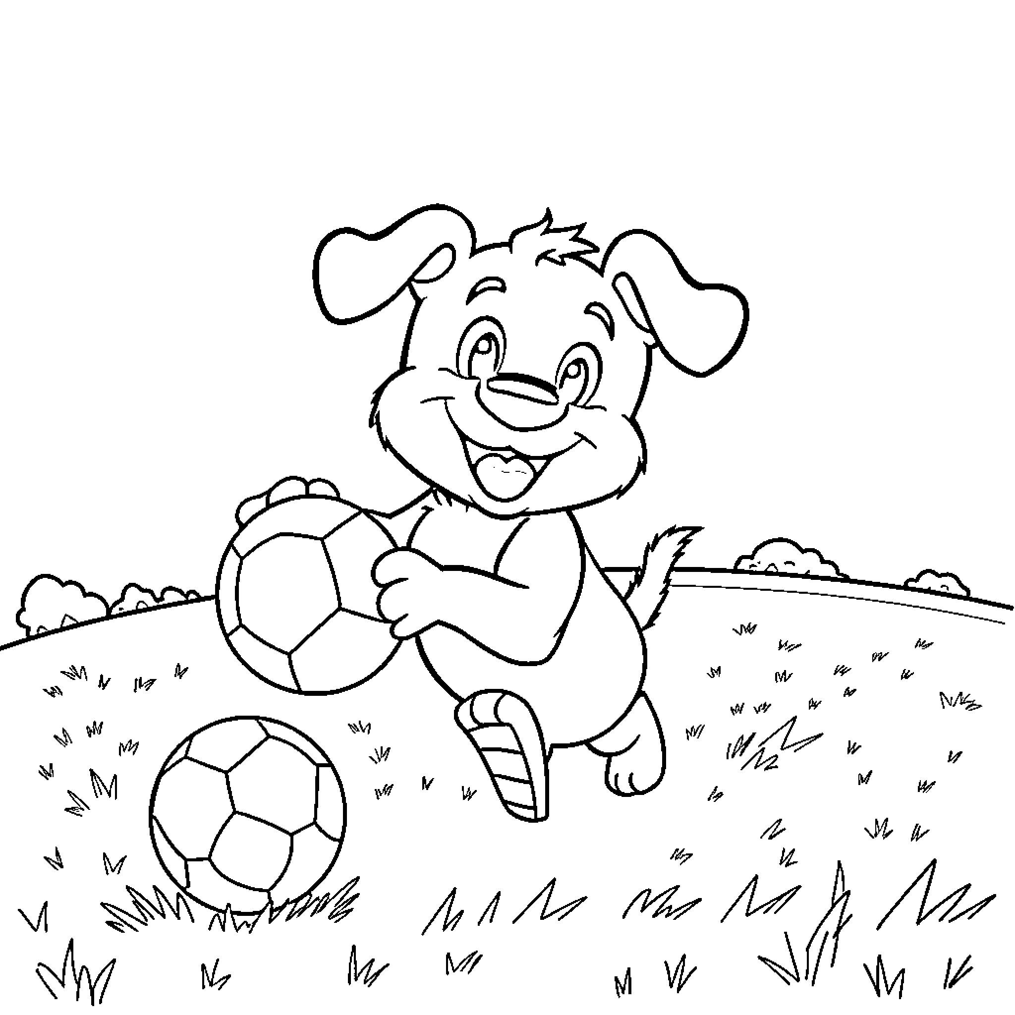Bluey playing with soccer ball in field Coloring Page (free black-and-white line drawing printable PDF for all, from beginners to advanced learners, including children, teens, adults, and seniors)