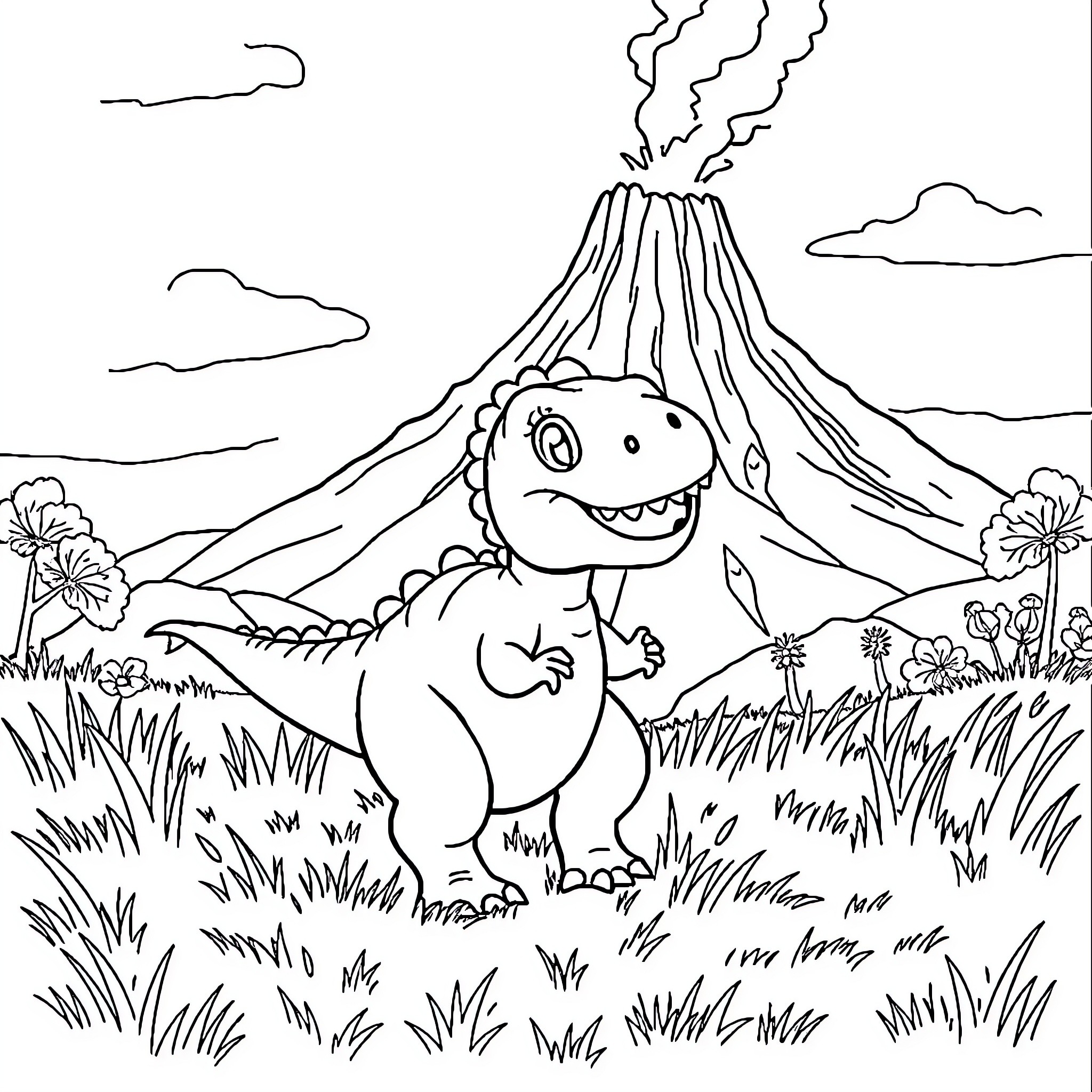 Baby T-Rex exploring a volcanic landscape Coloring Page (free black-and-white line drawing printable PDF for all, from beginners to advanced learners, including children, teens, adults, and seniors)