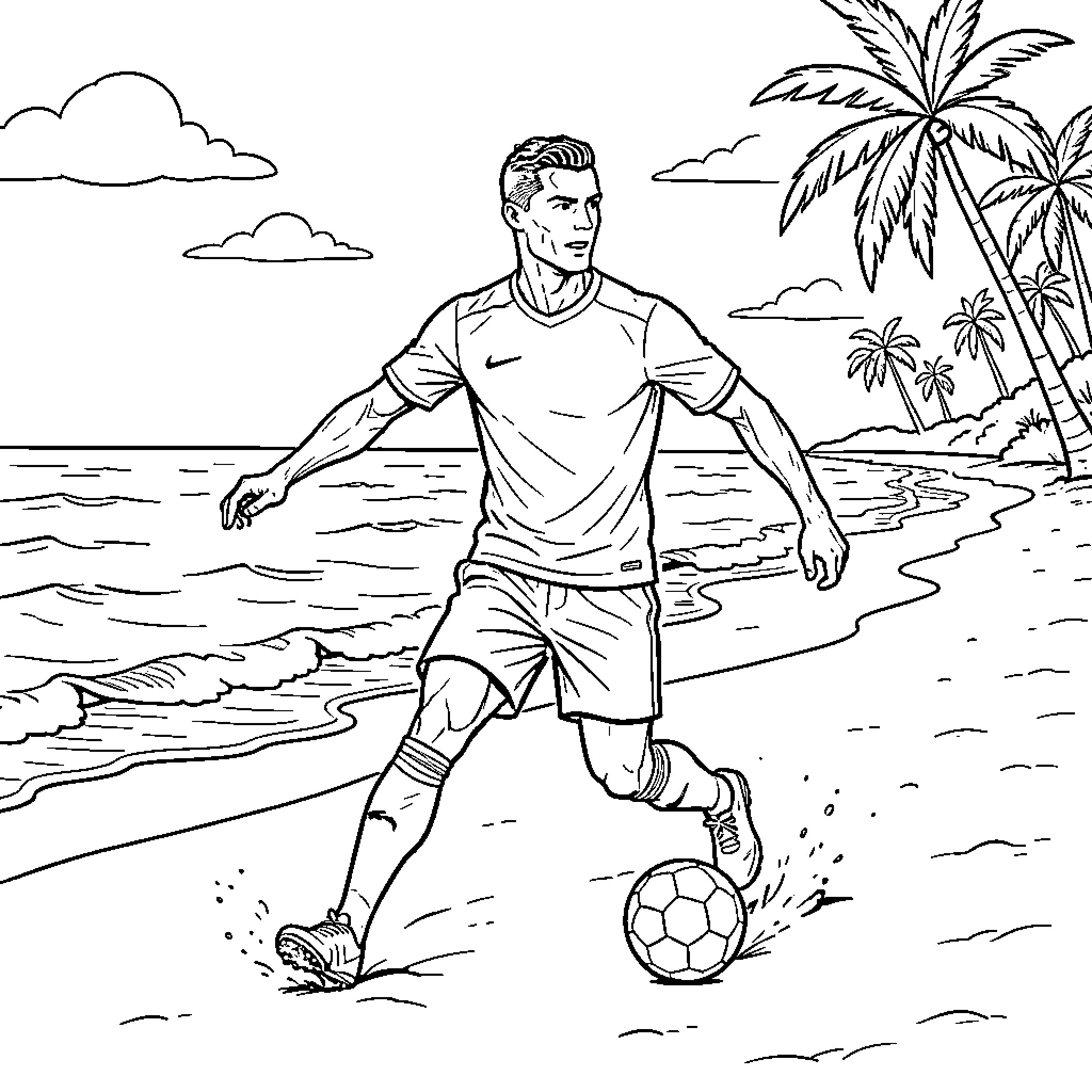 Cristiano Ronaldo playing soccer on a tropical beach Coloring Page (free black-and-white line drawing printable PDF for all, from beginners to advanced learners, including children, teens, adults, and seniors)