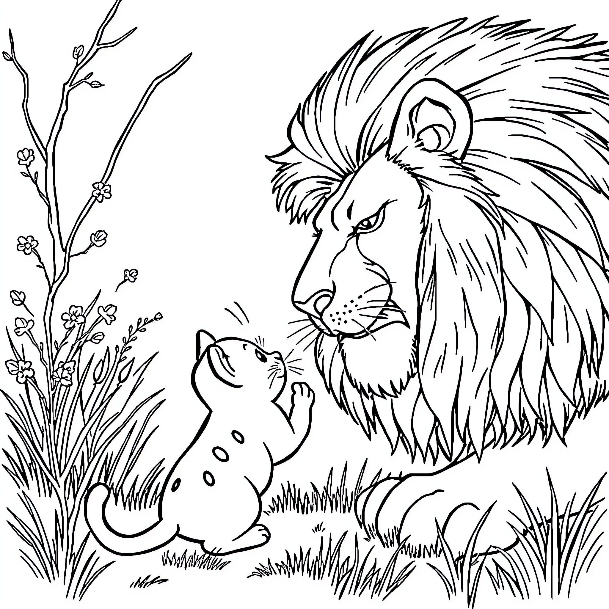 Cat vs Lion: Playful Encounter in the Wild Coloring Page (free black-and-white line drawing printable PDF for all, from beginners to advanced learners, including children, teens, adults, and seniors)