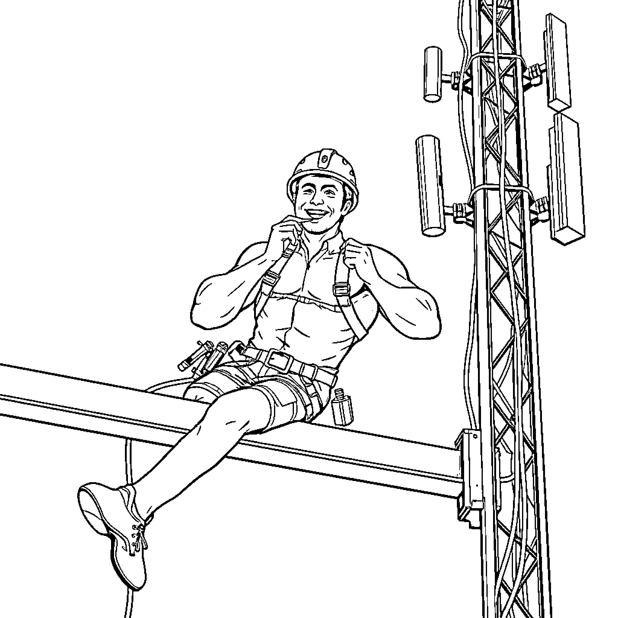 Tower Climber Scaling Tall Structure with Safety Equipment Coloring Page (free black-and-white line drawing printable PDF for all, from beginners to advanced learners, including children, teens, adults, and seniors)