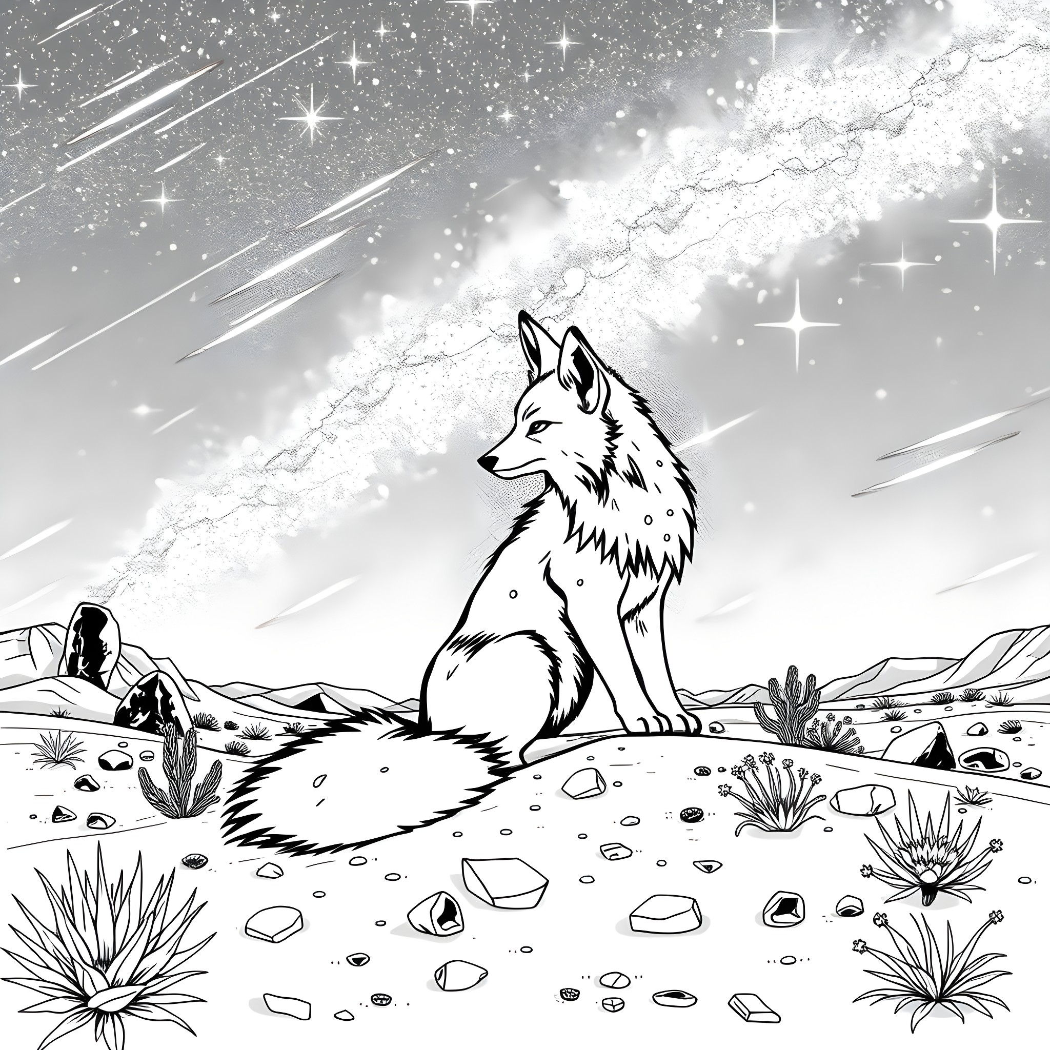 Coyote under a starry sky Coloring Page (free black-and-white line drawing printable PDF for all, from beginners to advanced learners, including children, teens, adults, and seniors)