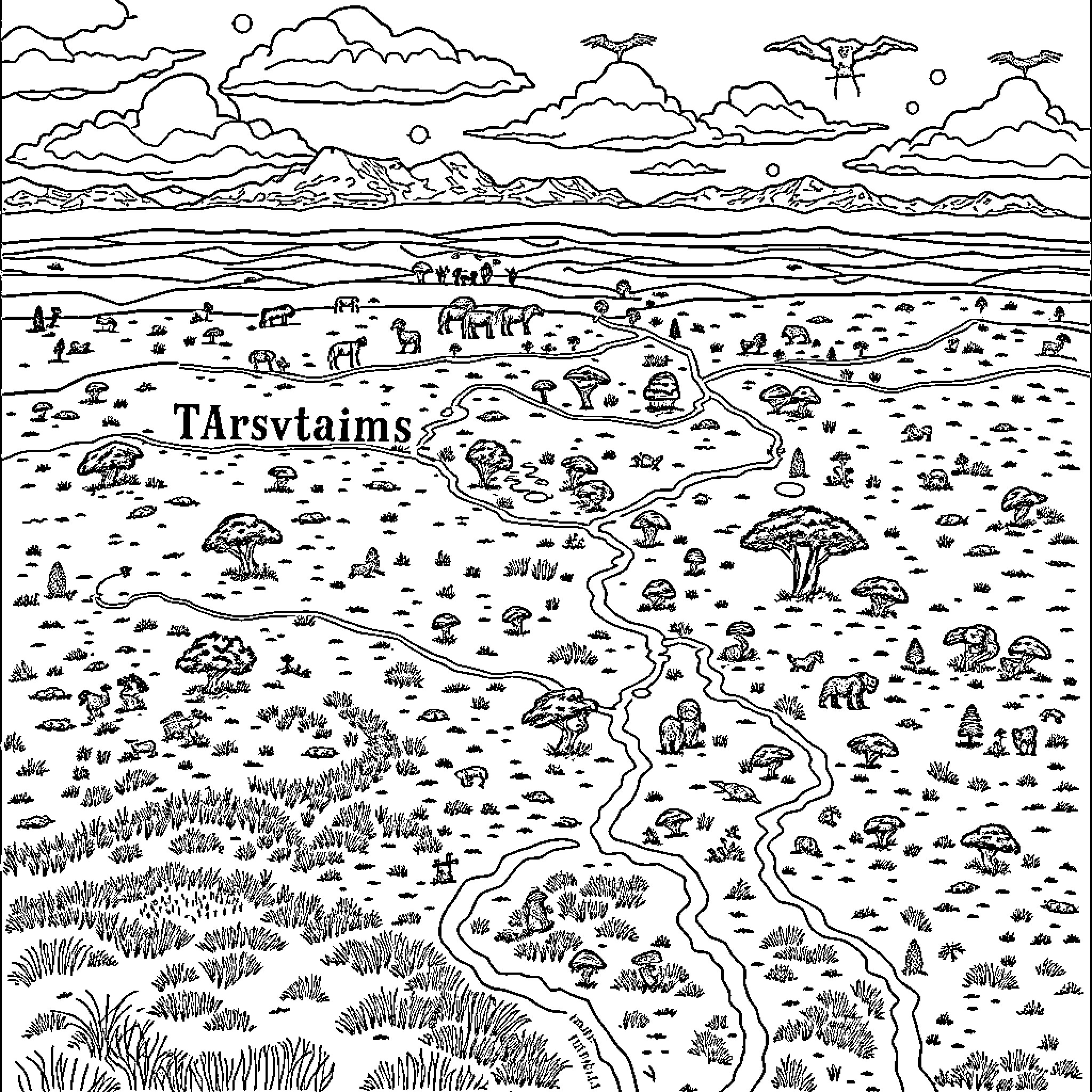 Map of a whimsical fantasy landscape Coloring Page (free black-and-white line drawing printable PDF for all, from beginners to advanced learners, including children, teens, adults, and seniors)