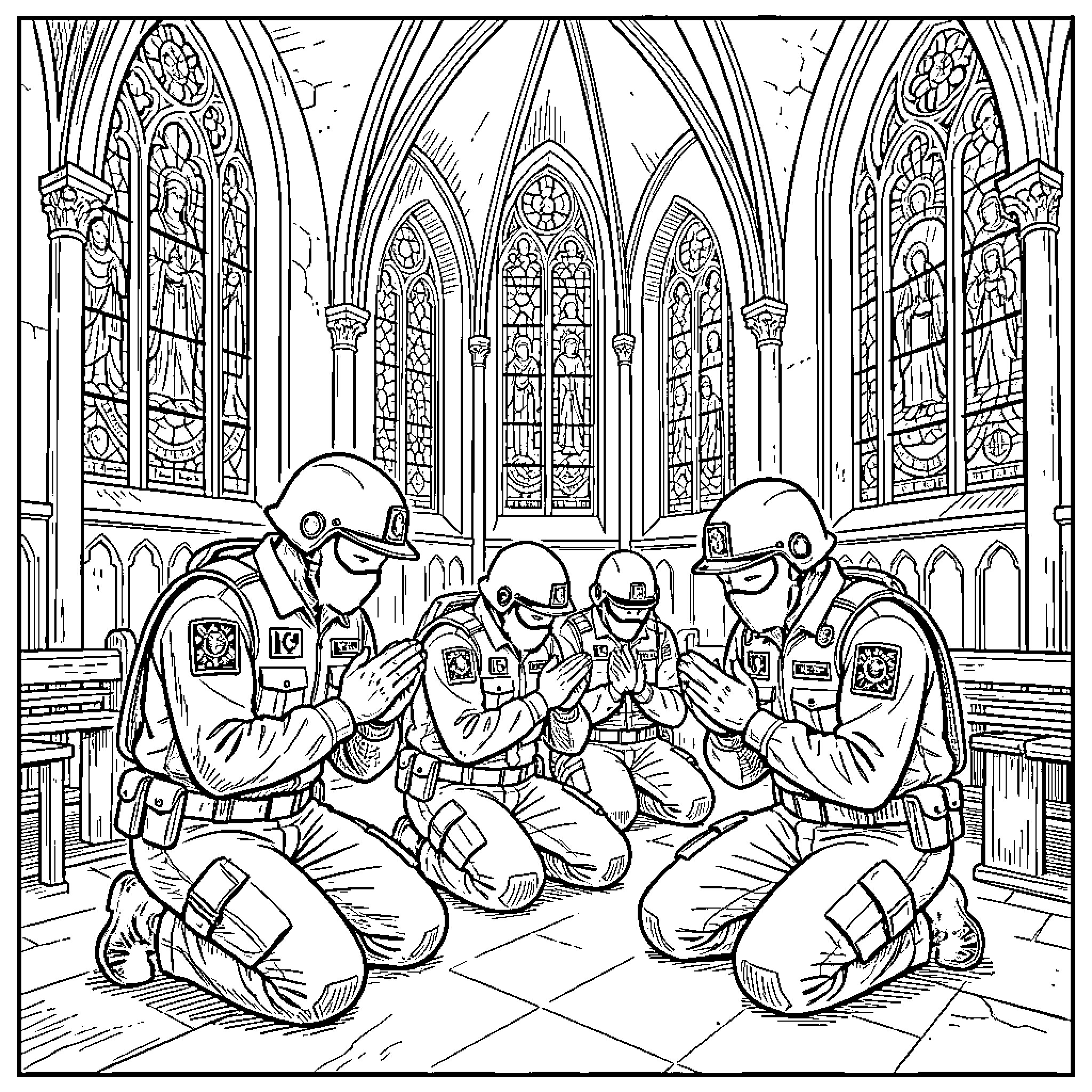 Ice Agent Engaged in Tactical Briefing in Gothic Cathedral Coloring Page (free black-and-white line drawing printable PDF for all, from beginners to advanced learners, including children, teens, adults, and seniors)