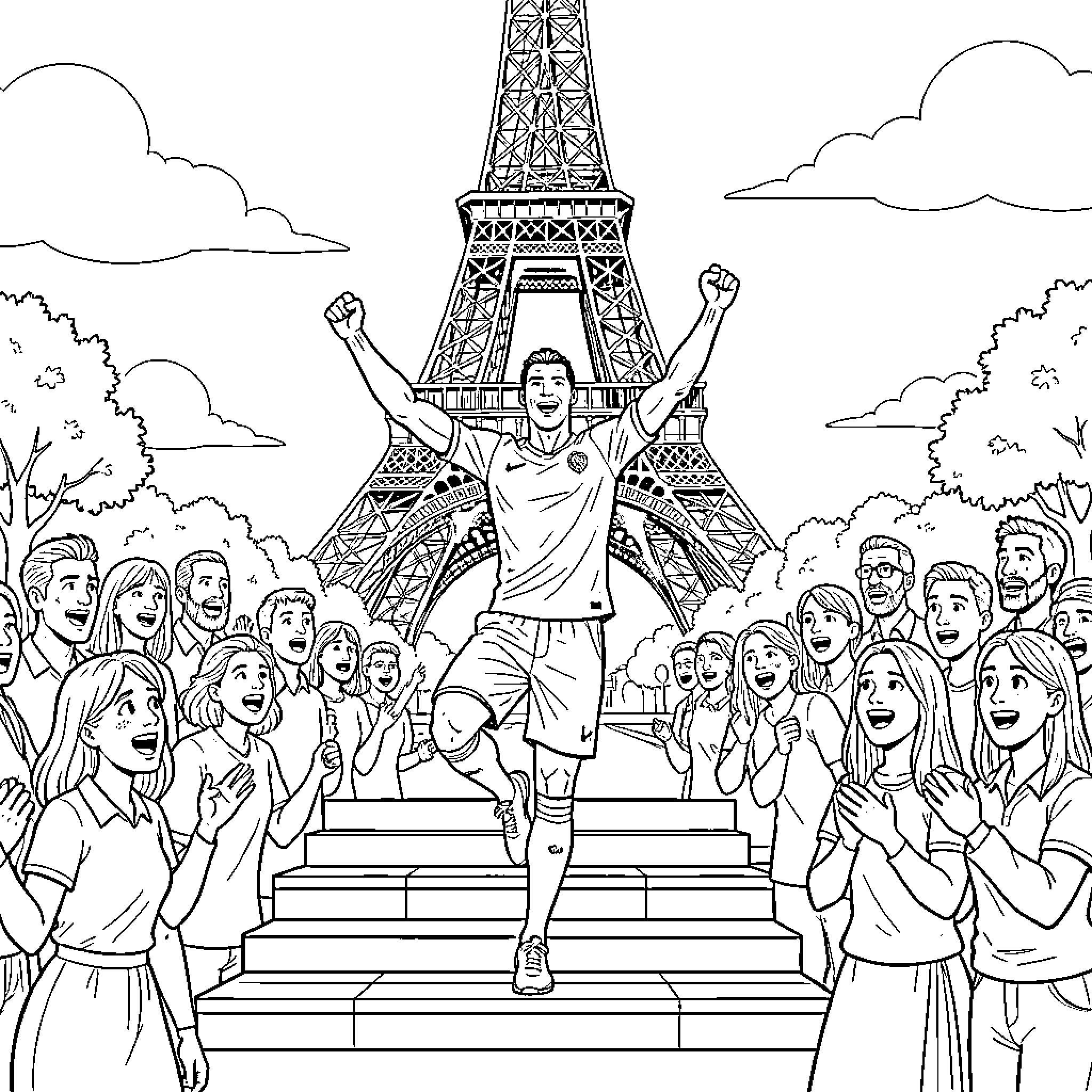 Ronaldo celebrating a victory in front of the Eiffel Tower Coloring Page (free black-and-white line drawing printable PDF for all, from beginners to advanced learners, including children, teens, adults, and seniors)