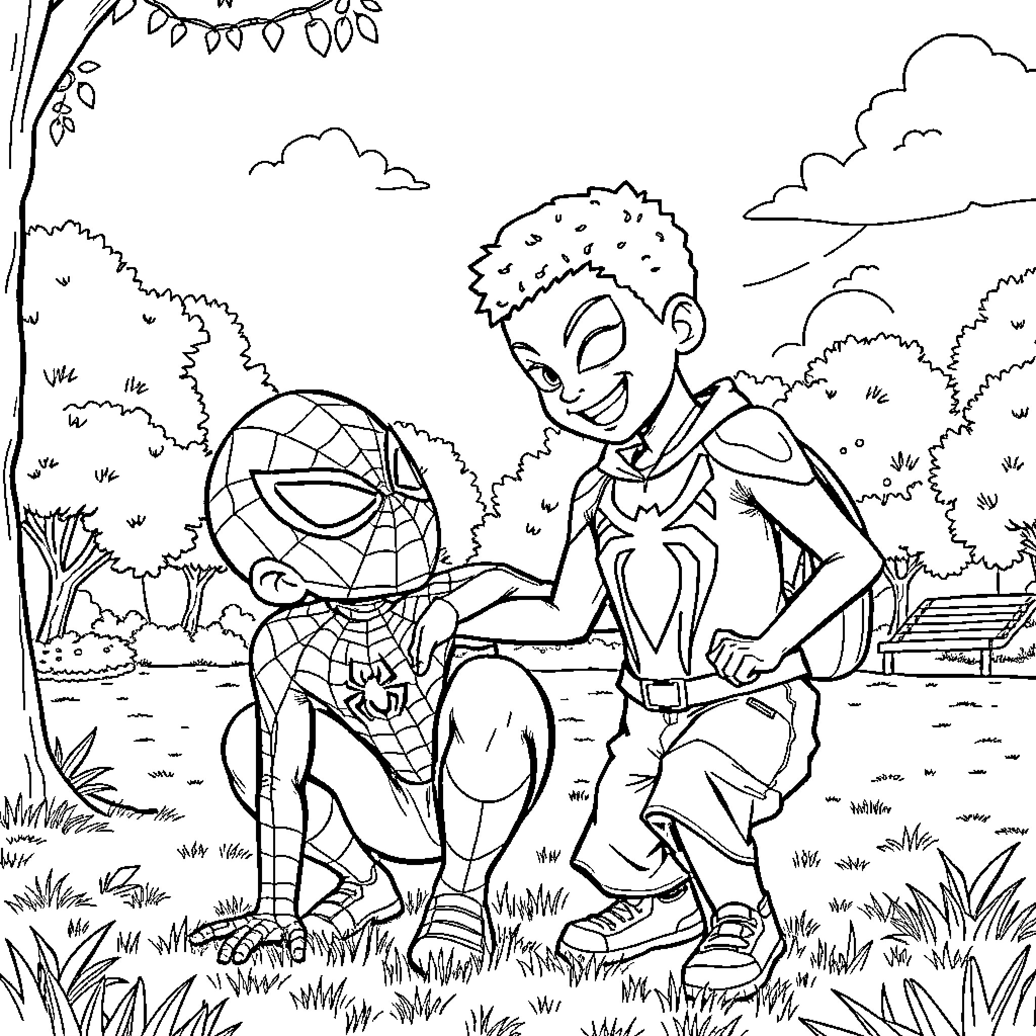Spider-Man interacting playfully with child in outdoor setting Coloring Page (free black-and-white line drawing printable PDF for all, from beginners to advanced learners, including children, teens, adults, and seniors)