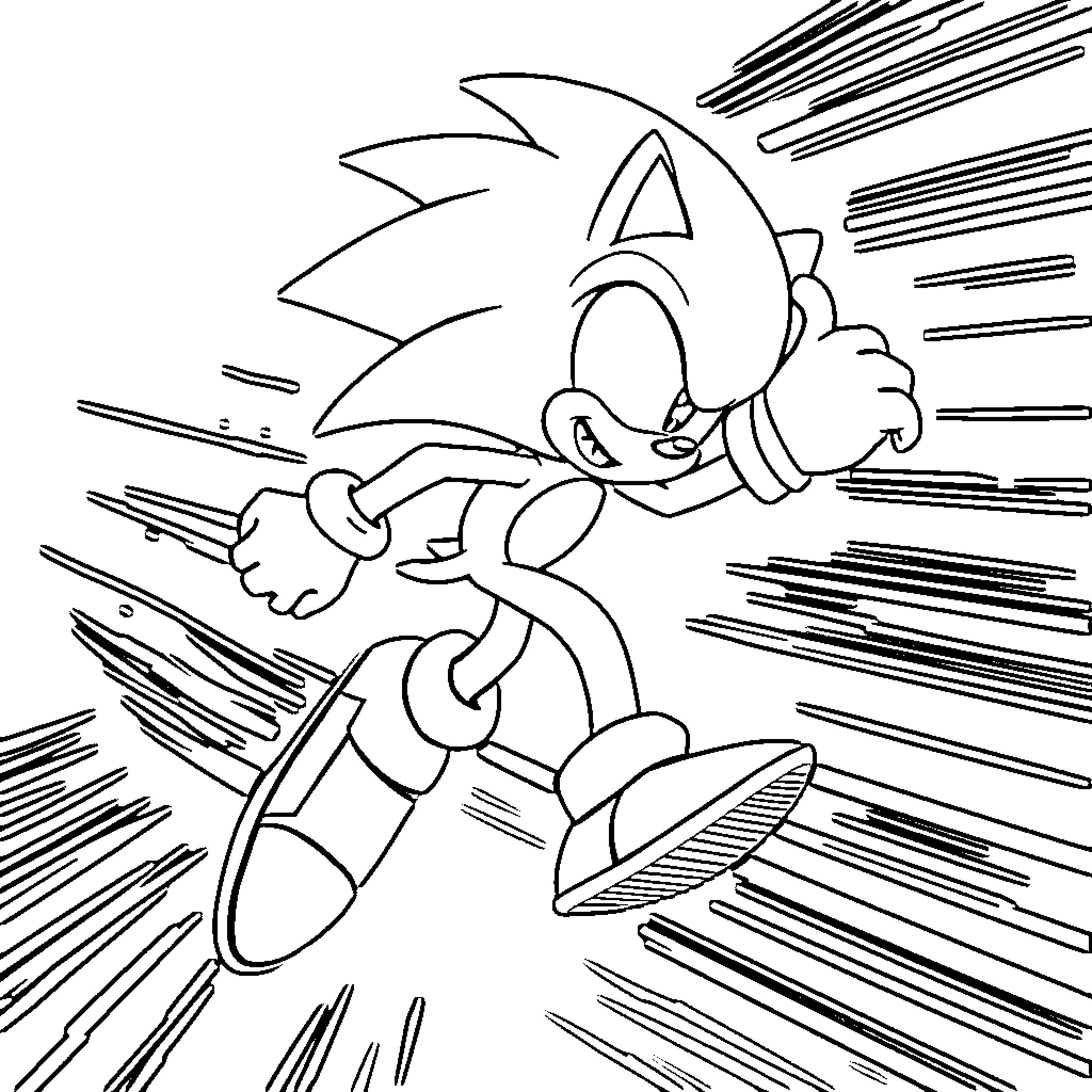 Sonic running at high speed Coloring Page (free black-and-white line drawing printable PDF for all, from beginners to advanced learners, including children, teens, adults, and seniors)