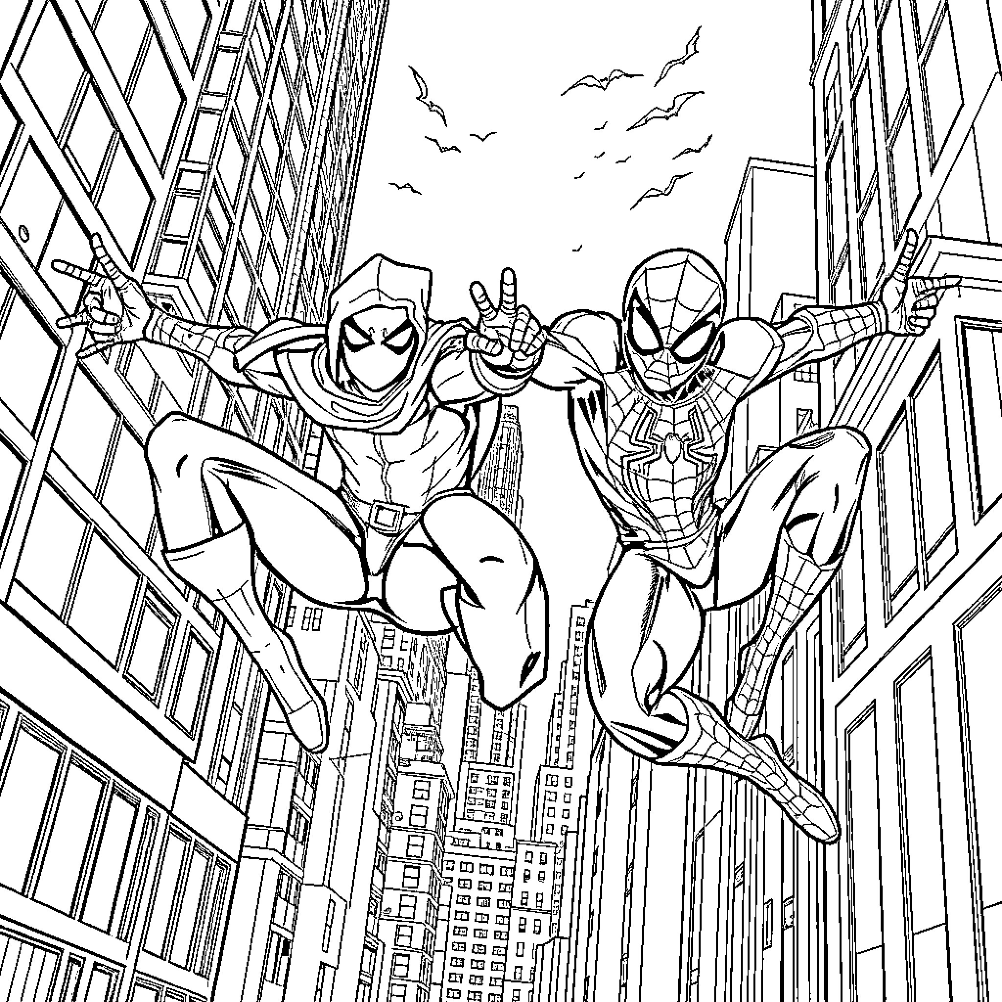 Ninja heroes swinging through the city skyline Coloring Page (free black-and-white line drawing printable PDF for all, from beginners to advanced learners, including children, teens, adults, and seniors)