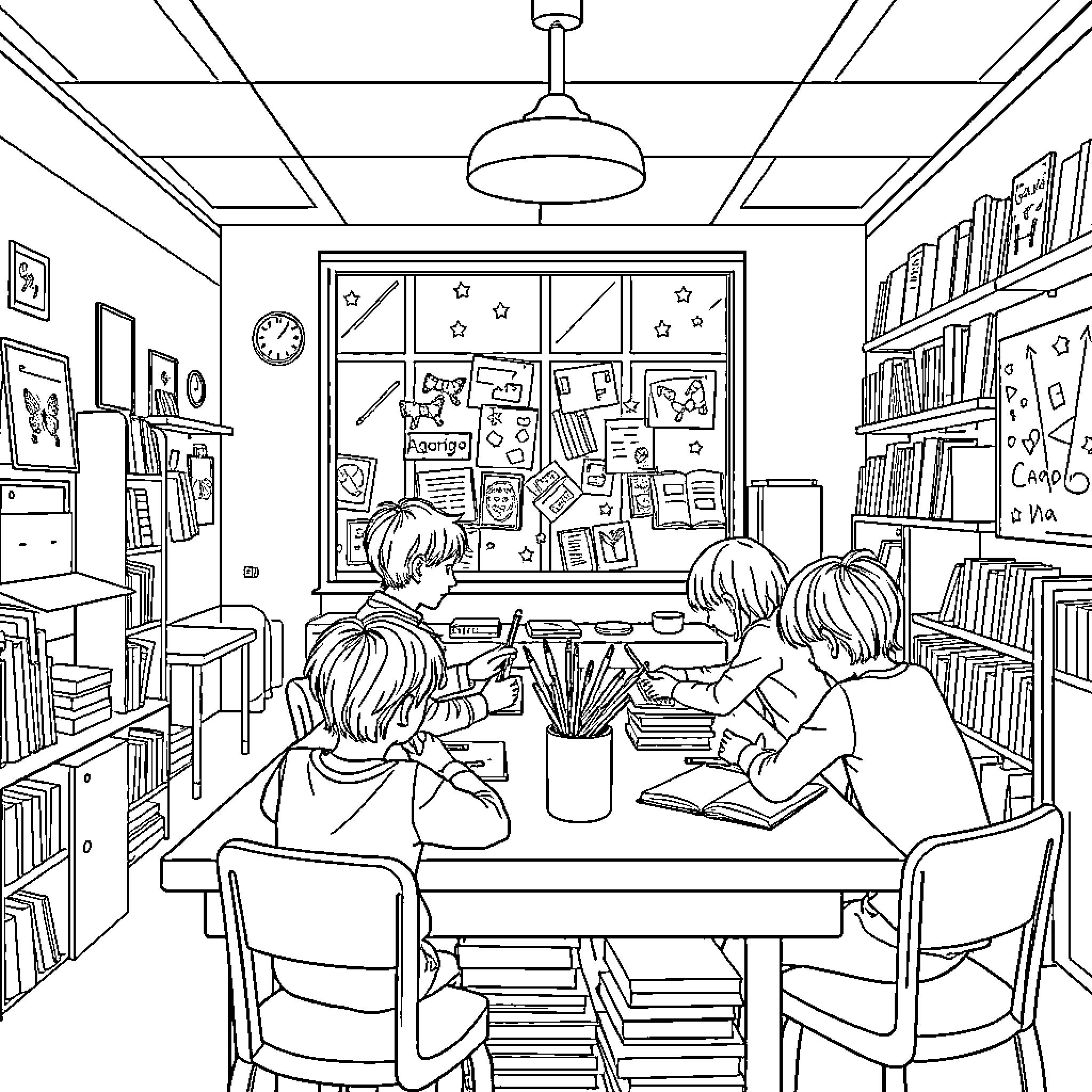Miraculous Children's Creative Exploration in the Study Room Coloring Page (free black-and-white line drawing printable PDF for all, from beginners to advanced learners, including children, teens, adults, and seniors)