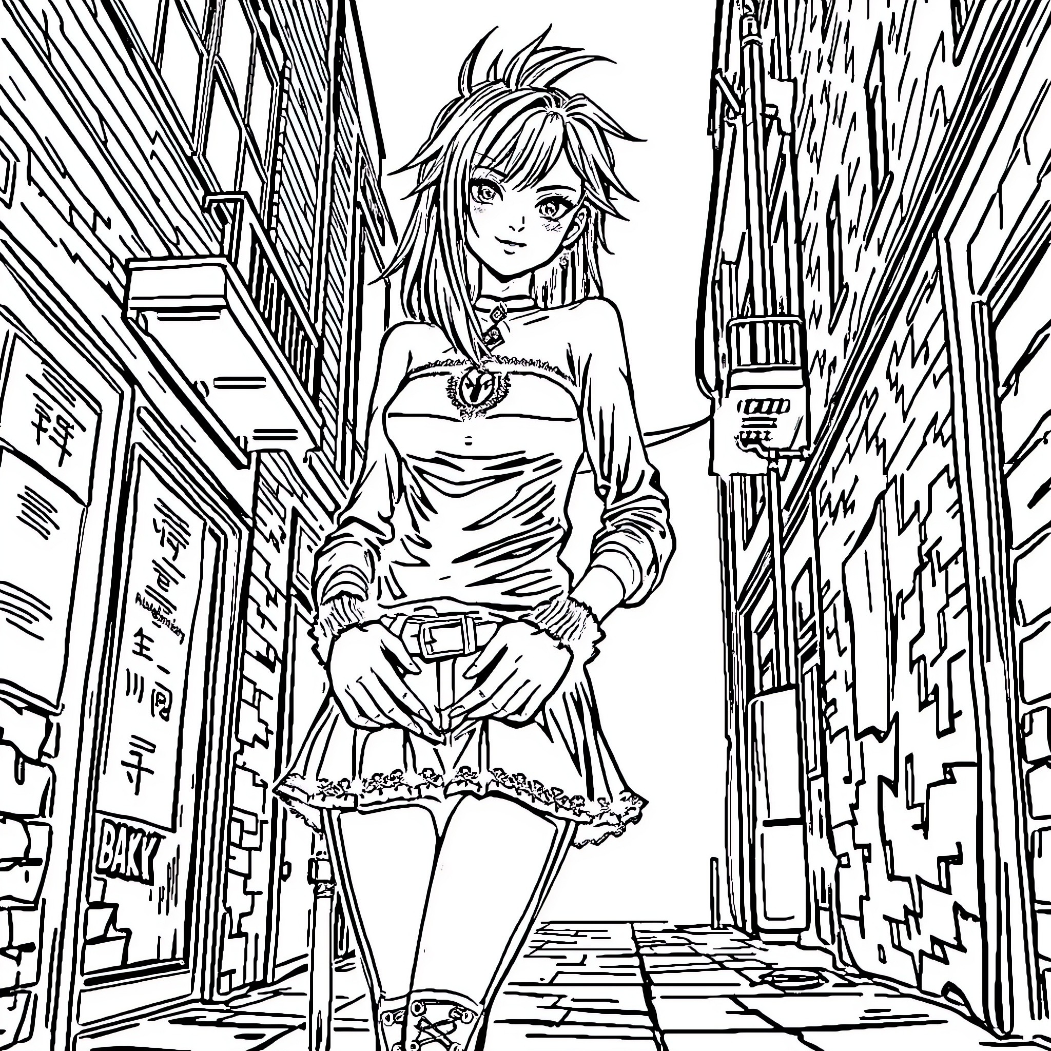 Goth Girl in Urban City Environment Coloring Page (free black-and-white line drawing printable PDF for all, from beginners to advanced learners, including children, teens, adults, and seniors)