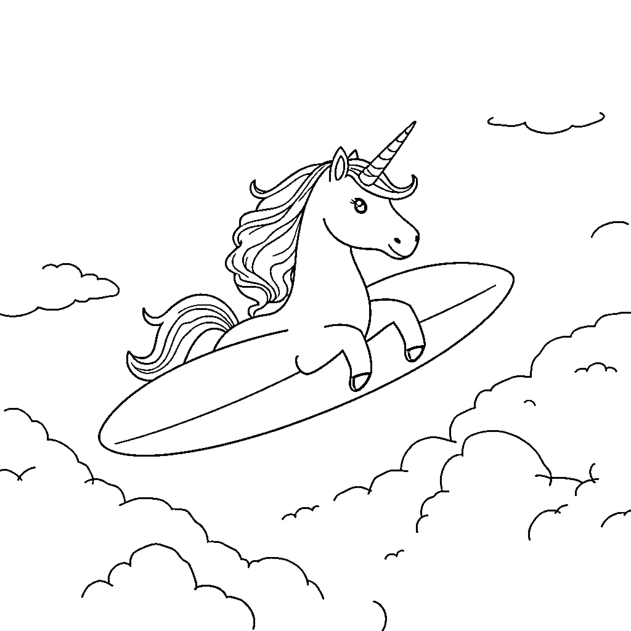 Unicorn surfing among the clouds Coloring Page (free black-and-white line drawing printable PDF for all, from beginners to advanced learners, including children, teens, adults, and seniors)