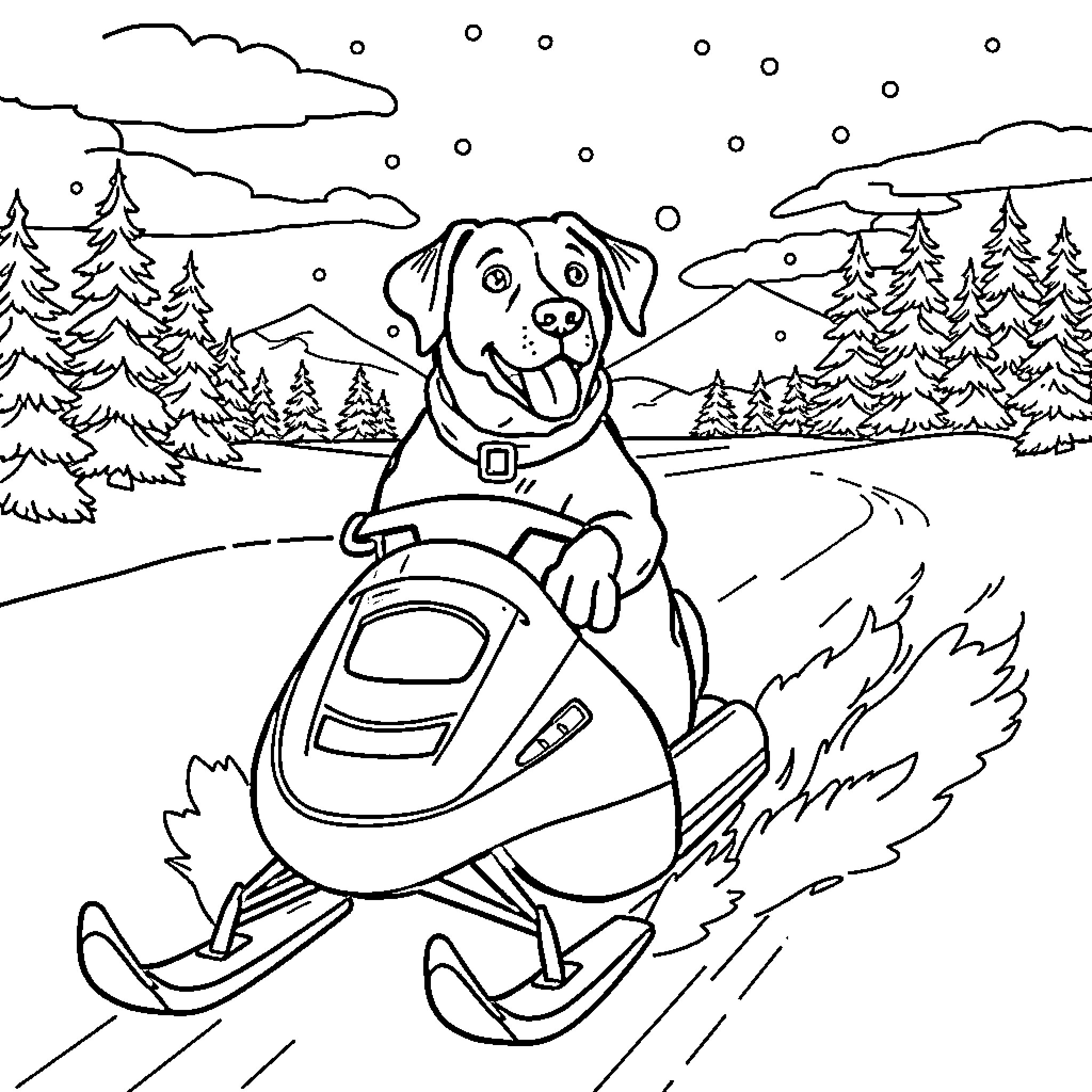 Labrador riding snowmobile through winter landscape Coloring Page (free black-and-white line drawing printable PDF for all, from beginners to advanced learners, including children, teens, adults, and seniors)