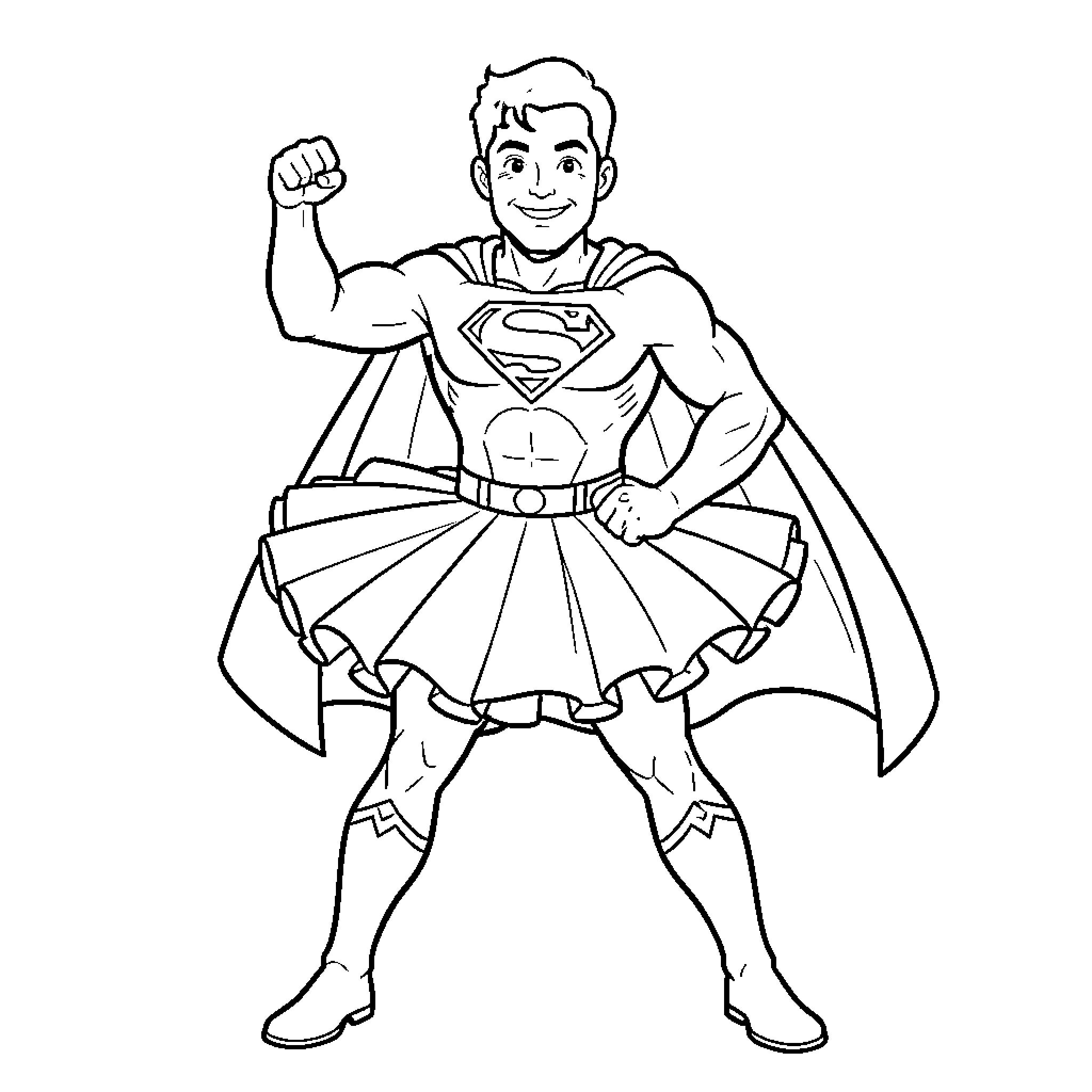 Superman wearing a tutu and posing heroically Coloring Page (free black-and-white line drawing printable PDF for all, from beginners to advanced learners, including children, teens, adults, and seniors)