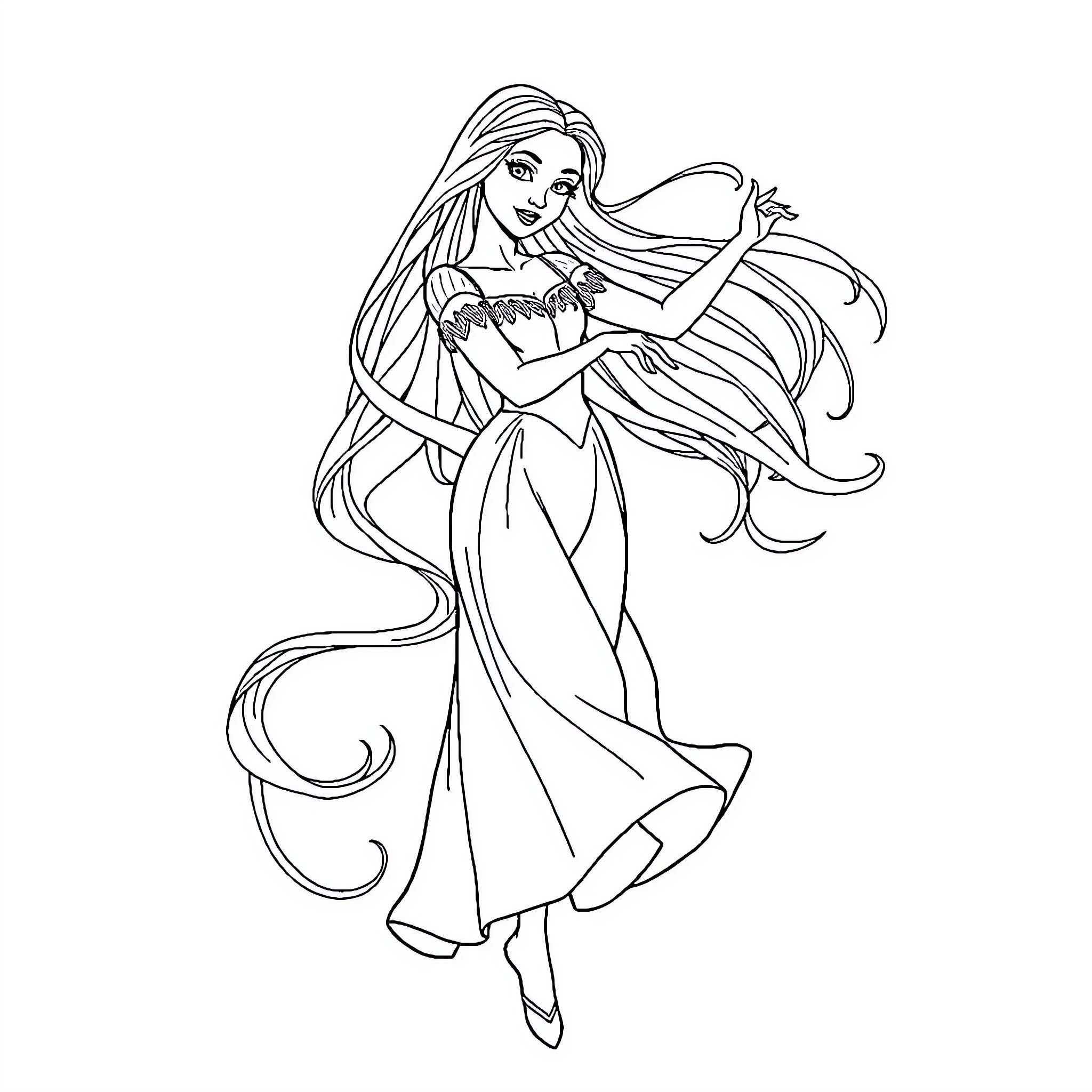 Rapunzel in a long flowing dress dancing gracefully Coloring Page (free black-and-white line drawing printable PDF for all, from beginners to advanced learners, including children, teens, adults, and seniors)