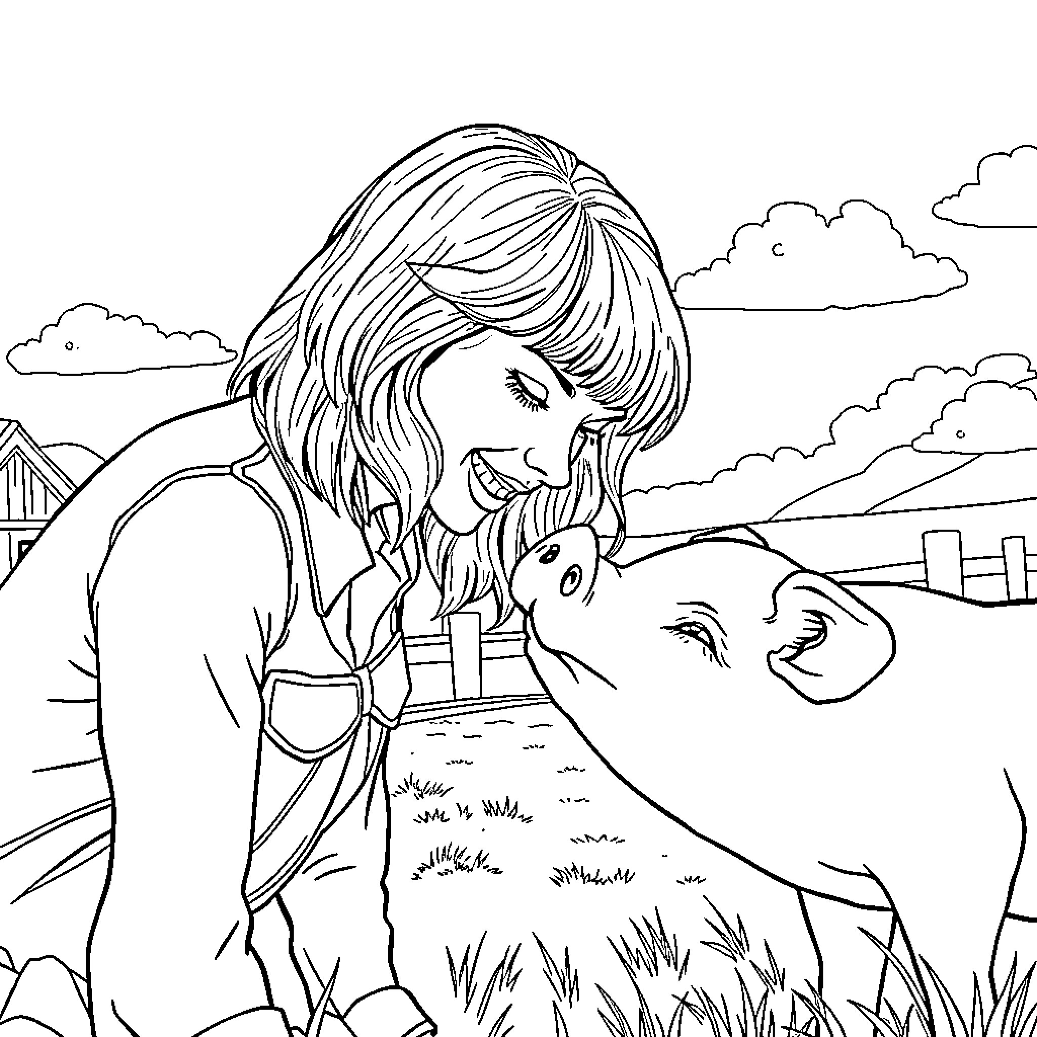 Taylor Swift playing with a small animal in a rural setting Coloring Page (free black-and-white line drawing printable PDF for all, from beginners to advanced learners, including children, teens, adults, and seniors)