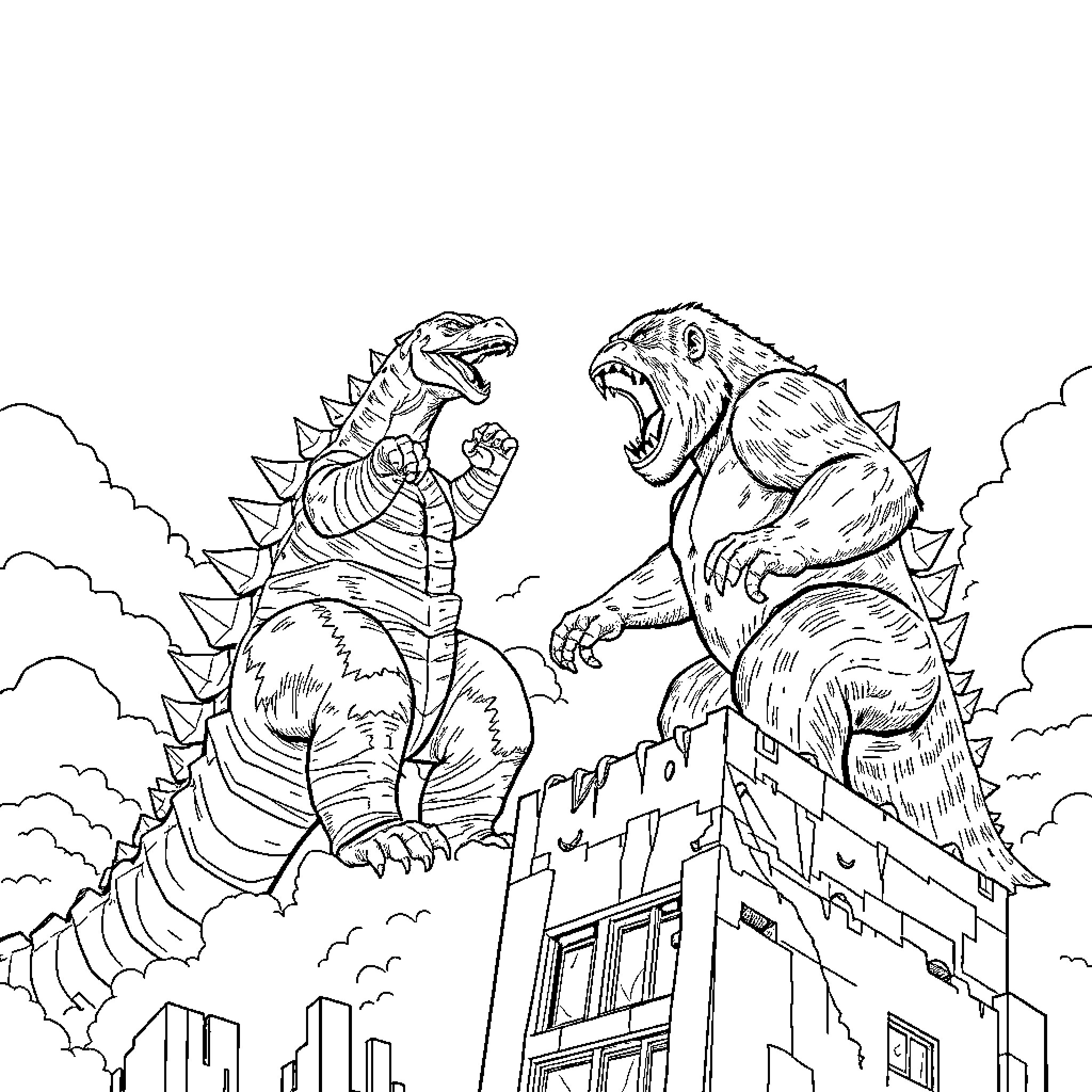 Godzilla battling a giant monster over a city Coloring Page (free black-and-white line drawing printable PDF for all, from beginners to advanced learners, including children, teens, adults, and seniors)