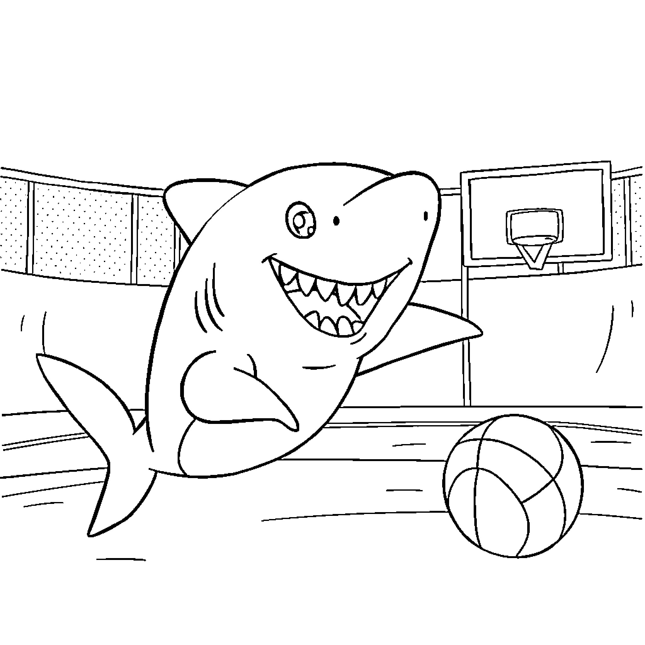 Baby Shark playing with beach ball in the pool Coloring Page (free black-and-white line drawing printable PDF for all, from beginners to advanced learners, including children, teens, adults, and seniors)