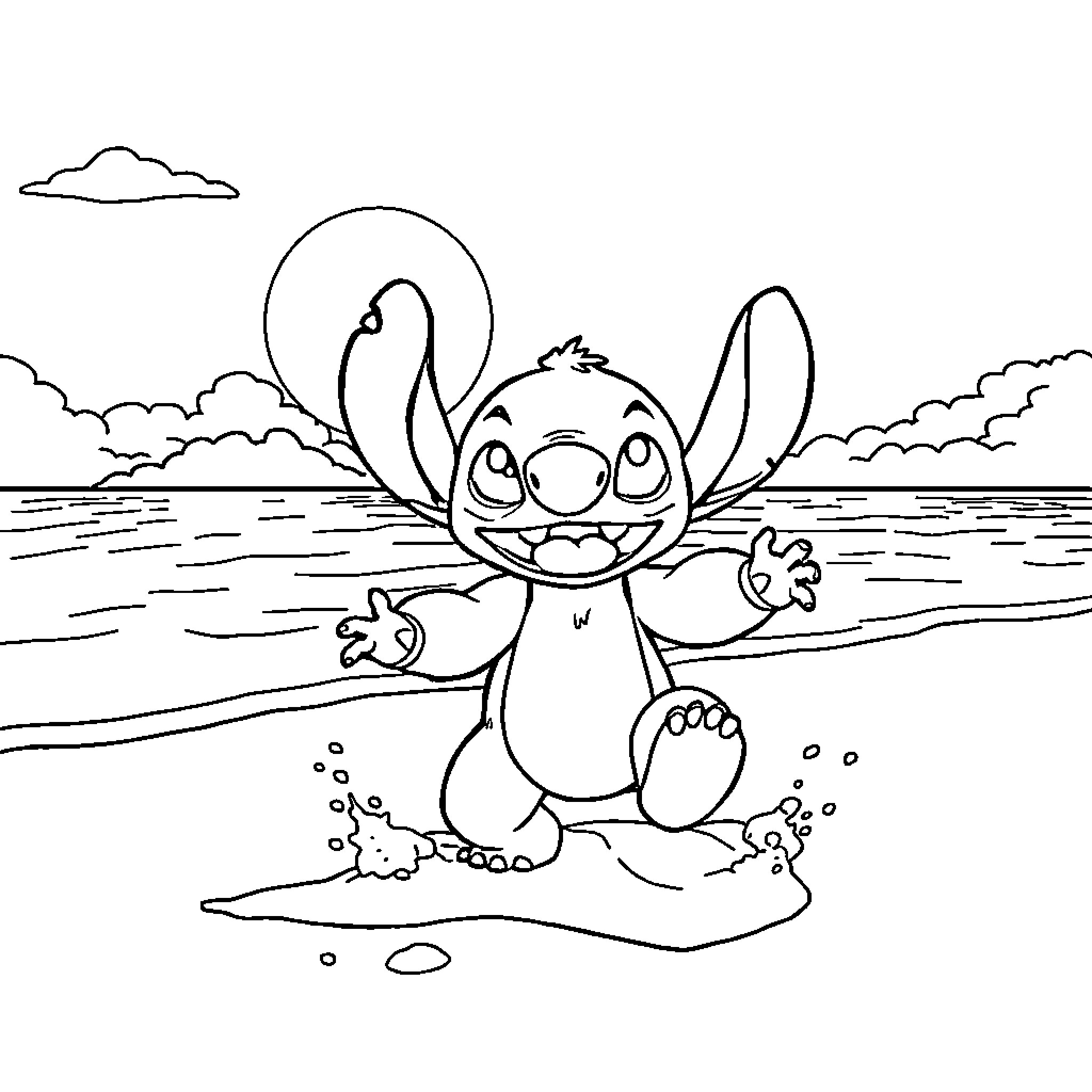 Stitch playing cheerfully on the beach Coloring Page (free black-and-white line drawing printable PDF for all, from beginners to advanced learners, including children, teens, adults, and seniors)