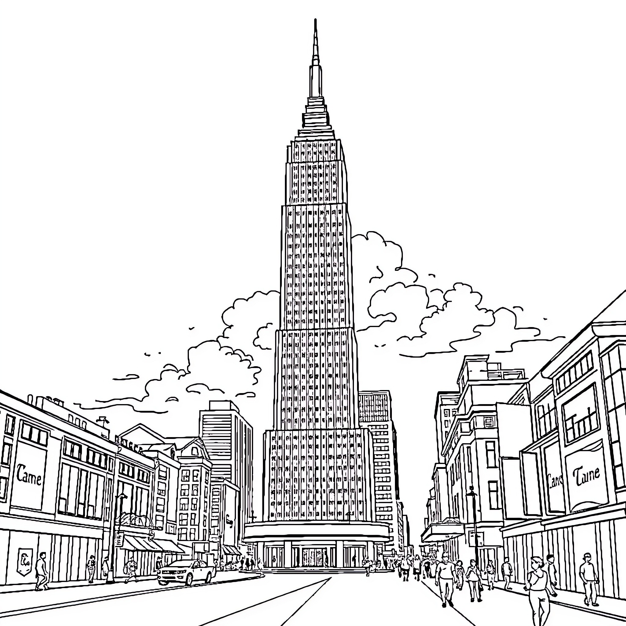 Building with iconic skyscraper in bustling city street Coloring Page (free black-and-white line drawing printable PDF for all, from beginners to advanced learners, including children, teens, adults, and seniors)
