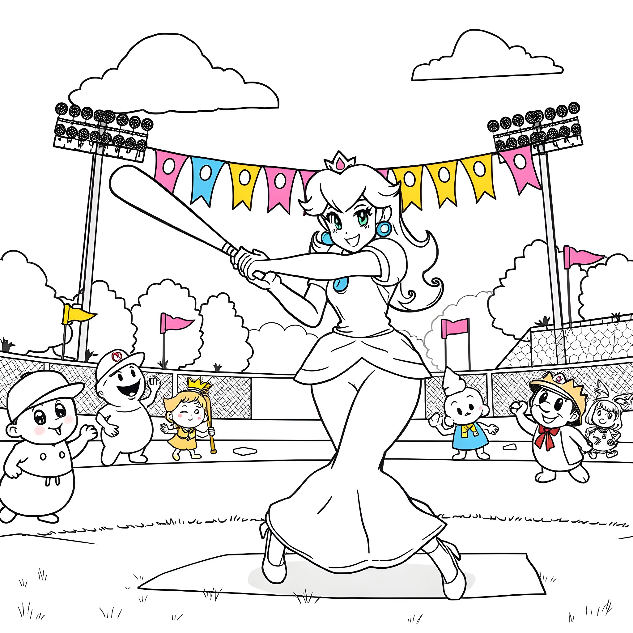Princess Peach playing baseball with her friends Coloring Page (free black-and-white line drawing printable PDF for all, from beginners to advanced learners, including children, teens, adults, and seniors)